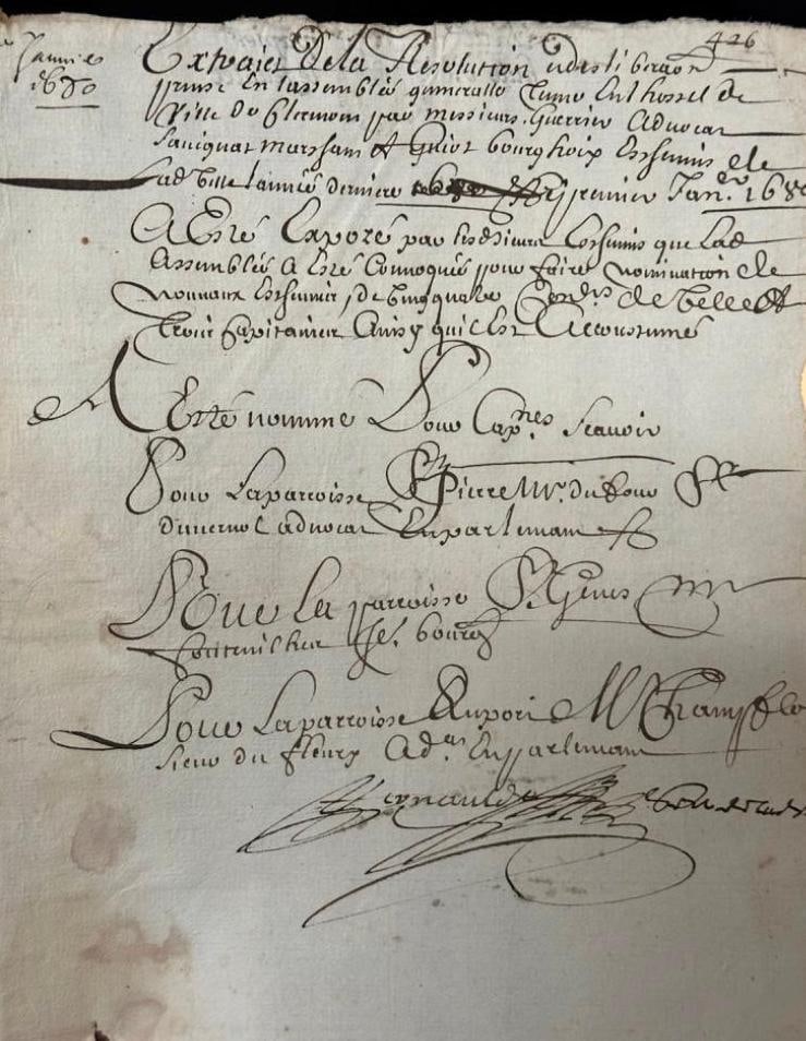 1680 Appointment to French Parlement: 1680 Appointment to French Parlement This historical French document carries a stamp from the government of Auvergne, and is dated 1680. The text is difficult to read due to the cursive, but it appear