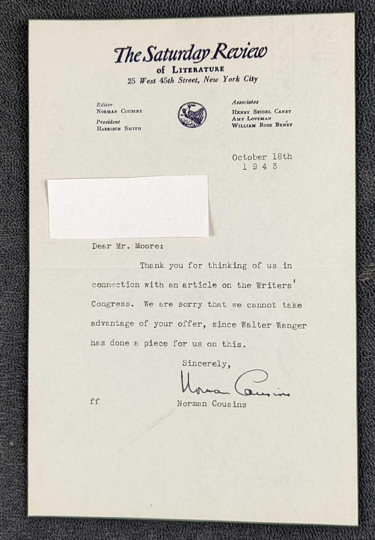 Signed Norman Cousins Saturday Review Letter: Signed Norman Cousins Saturday Review Letter. This was sent in 1943. The letter is approx 5 1/2" x 8 1/2" and it weighs 0.01lb. The letter has some creases due to being placed in an envelope.&