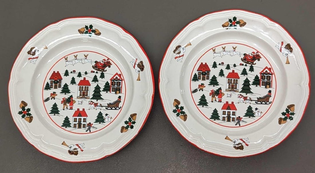2 Retired China Joy of Christmas Salad Plates B: 2 Retired China Joy of Christmas Salad Plates B. By Jamestown China. Each is approx 7 1/2" x 7 1/2" x 1". The total weight is 1.42lb. There is some wear/color loss on the trim.