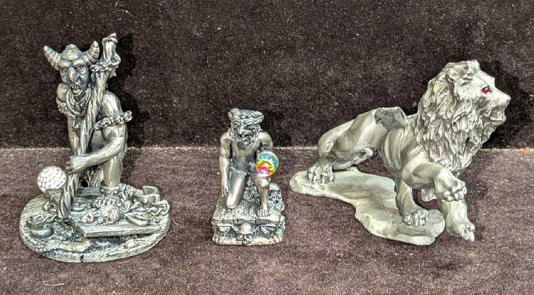3 Demon Beast And Winged Lion Pewter Figurines: 3 Demon Beast And Winged Lion Pewter Figurines. This lot includes: (1) Gorham Pewter Beast Man Black Pawn Chess Piece. This is approx 1" x 1" x 2". (1) Dark Secrets The Demon Jailer
