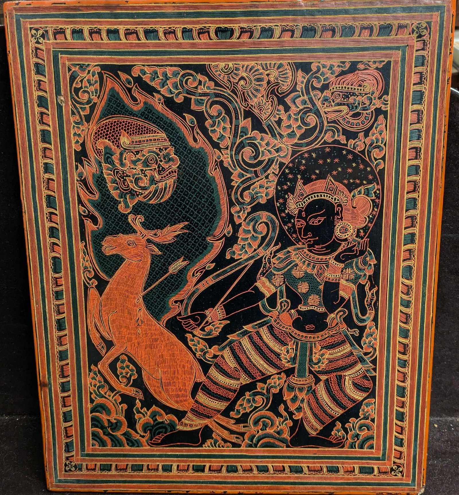Vintage Burmese Engraved Lacquer Hunter Panel: Vintage Burmese Engraved Lacquer Hunter Panel. This is approx 12" x 1/8" x 15" and it weighs 2.90lbs. There is a chip on the bottom right corner, and some small chips on the panel. The wire on the bac