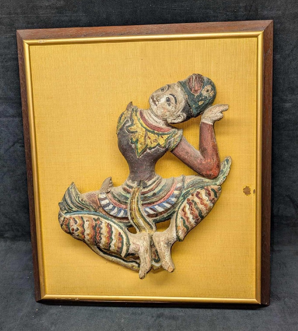 Framed Antique Thai Folk Art Polychrome Wood Dancer: Framed Antique Thai Folk Art Polychrome Wood Dancer.This appears to be an old wooden figurine that was mounted on a frame. This is approx 19 1/2" x 3 1/2" x 22 1/4" and it weighs 5.20lbs. The figurine