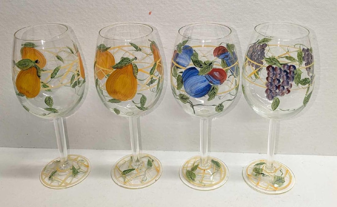 4 Hand Painted Wine Glasses With Fruit Designs: 4 Hand Painted Wine Glasses With Fruit Designs. The maker and date of creation is unknown. Each glass is approx 3 1/2" x 3 1/2" x 8 3/4" and the total weight is 1.60lbs. Hand wash only. 