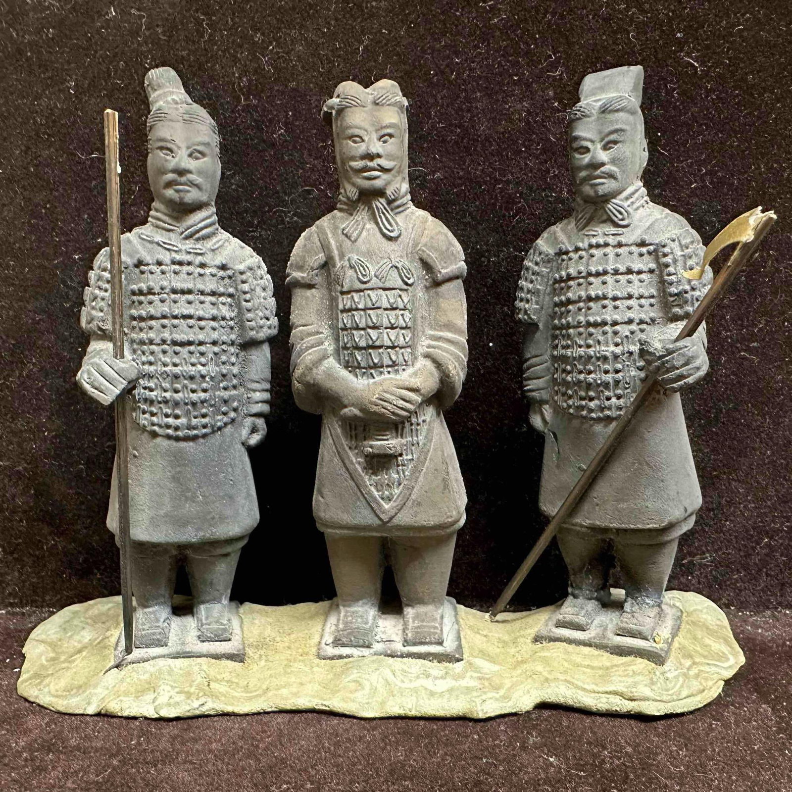 Terracotta Warriors Chinese Xi'an Qin Dynasty Style Soldiers Statue Sculpture: Wooden staff motifs are broken, missing pieces. Overall good condition no noticeable chips or cracks. This item is in good pre-owned, previously displayed condition with light wear, and surface scratc