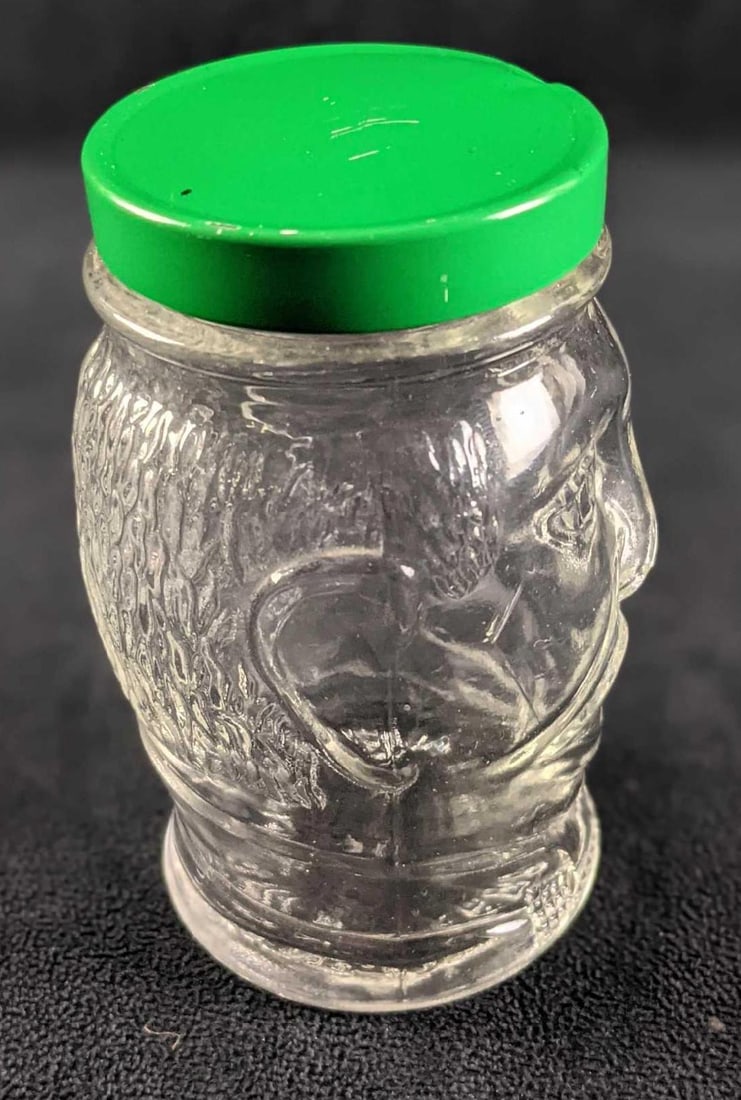 Vintage Nash Mustard Glass Jar: Vintage Nash Mustard Glass Jar. Is approx 3" x 3" x 5" and weighs under one pound at 0.54lb. The glass jar is in a good, vintage condition with scratches and a dent on the lid, and scratches inside th