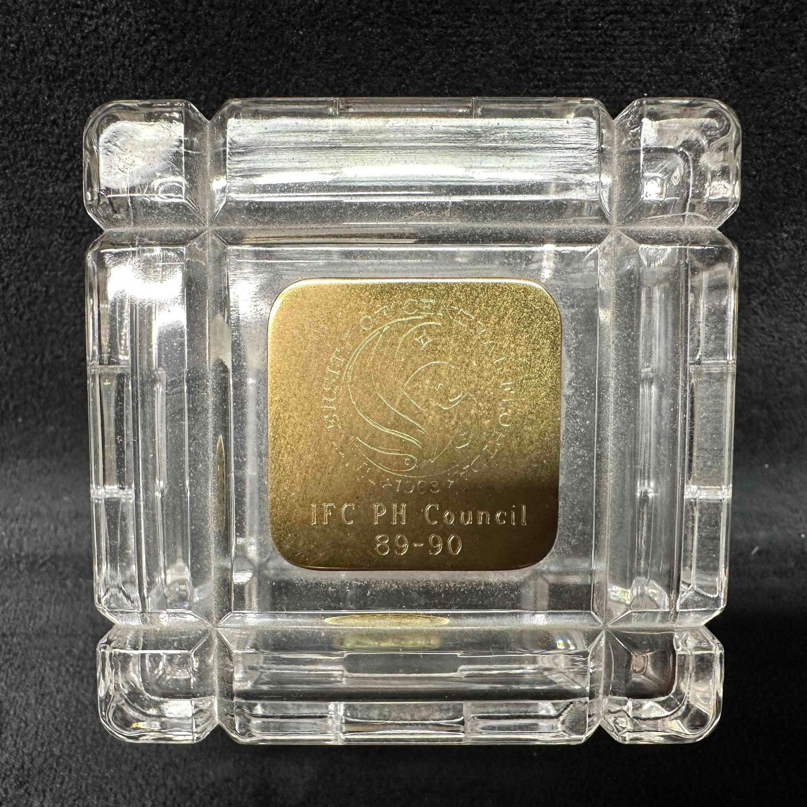 UCF Gerity Lead Crystal 24 Karat Gold Plated Square Lidded Trinket Box Art Deco Etched Design: Trinket box that can be divided into two sections. Original tags still intact. University of Central Florida 1963 etched plate IFC PH Council 89-90. This item is in good pre-owned, previously displaye
