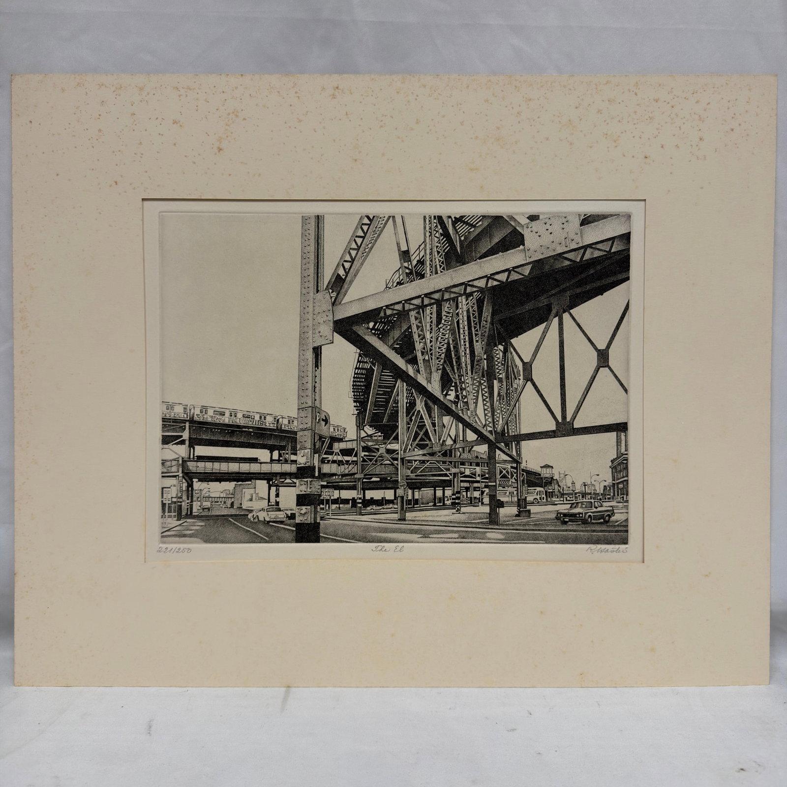 Rudolf Hasler The El Signed Etching Edition 221/250: Original signed etching titled "The El" (1981) by Rudolf Hasler. Pencil signed lower right, titled lower center, and numbered 221/250 lower left. Depicts an urban streetscape beneath an elevat