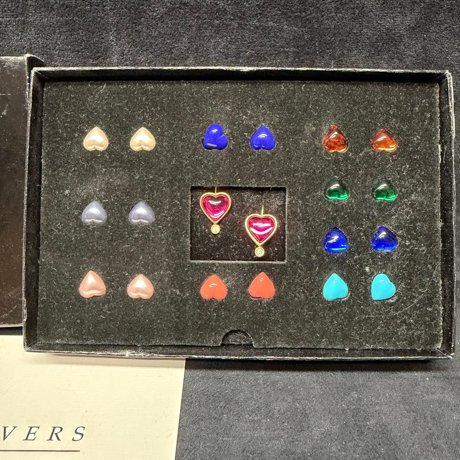 Joan Rivers Classics Collection Interchangeable Heart Stud Earrings Gift Set: Joan Rivers Classics Collection interchangeable heart-shaped stud earring gift set featuring a gold-tone pair with pink heart cabochons and faux diamond accents, along with multiple interchangeable he