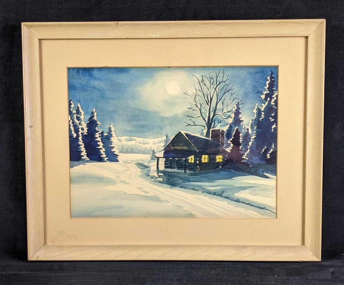 Winter Landscape with Cabin by J.L.K: ​​​​​​This framed Winter scape is rich and cozy. The artist's signature J.L.K is on the painting. It is in good condition with slight water damage on the b
