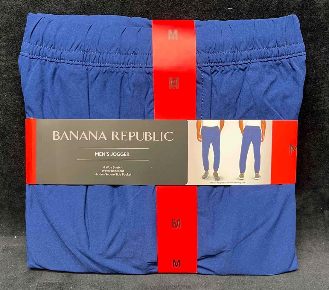 Banana Republic Men's Cobalt Blue Medium Joggers: This lot contains a pair of Banana Republic Men's Cobalt Blue Joggers. Size Medium. In the Original packaging. Total weight is 0.6lbs. Measures approx 10 3/4" x 10 3/4" x 3/4". Overall the Joggers are