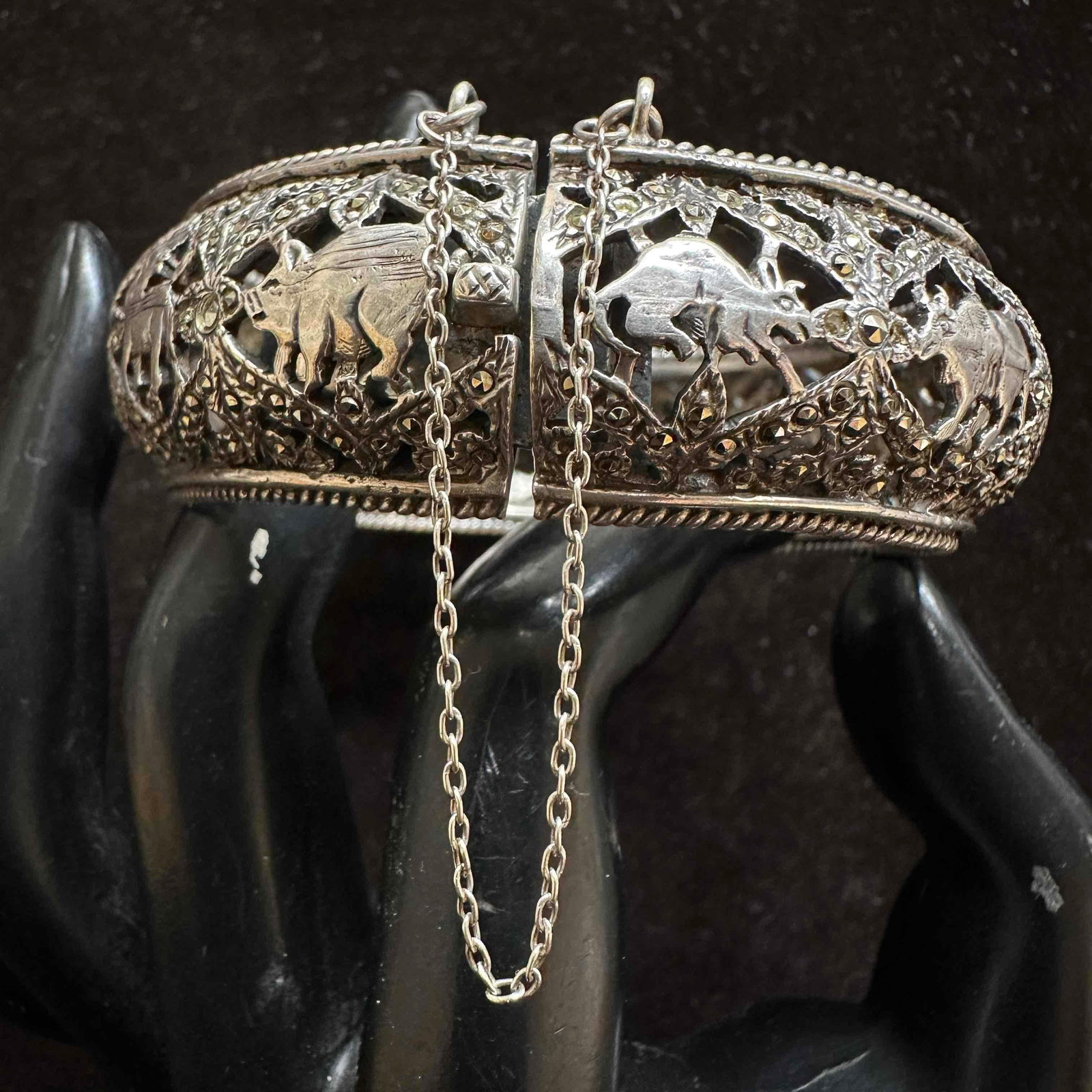 Animal Marcasite Gemstone Sterling Silver Hinged Cuff Bracelet: This item is in good pre-owned, previously used/displayed condition with noticeable light wear, and surface scratches. Please reference all photos for full details. This piece of jewelry has been test