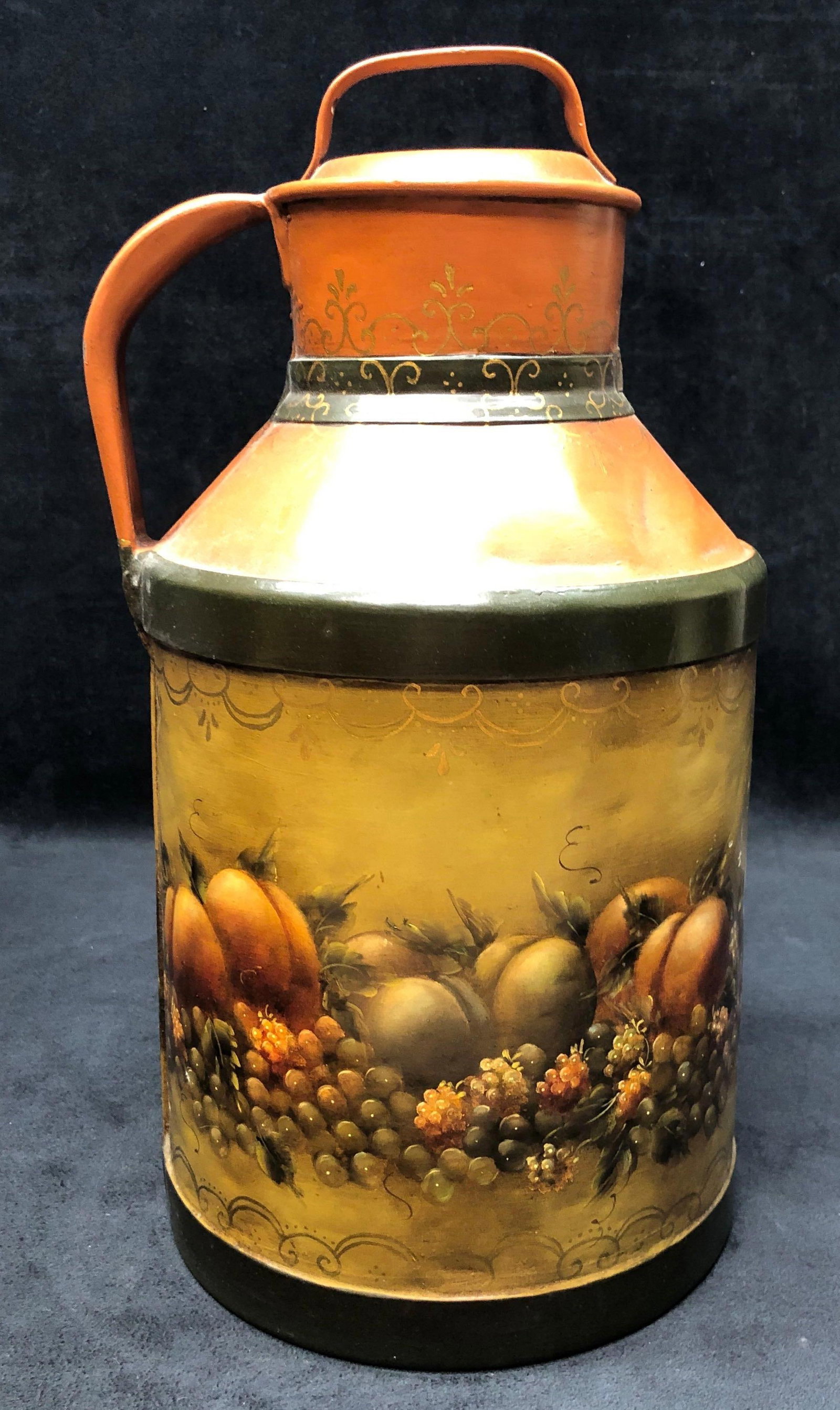 Vintage Painted Metal Milk Can with Lid: This lot contains a Vintage Painted Metal Milk Can with Lid. It is approx 15" Tall with 12-1/2" diameter at the base and it weighs about 4.1lbs. Overall the Milk Can is in good used condition wi