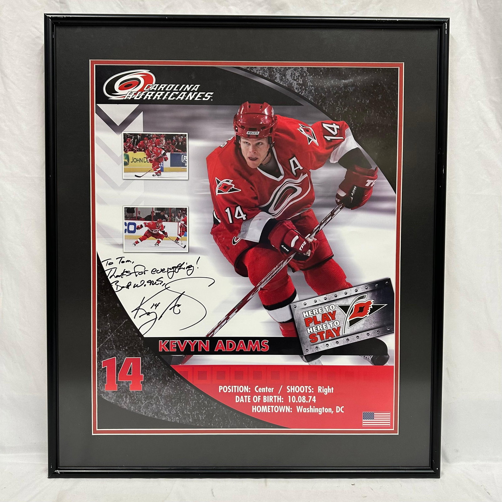 Framed Signed Erik Cole Autographed Carolina Hurricanes NHL Display: Framed Carolina Hurricanes display featuring Erik Cole #26, left wing. Includes a signed image with personalized inscription, team graphics, and player details. Professionally framed in a black frame 