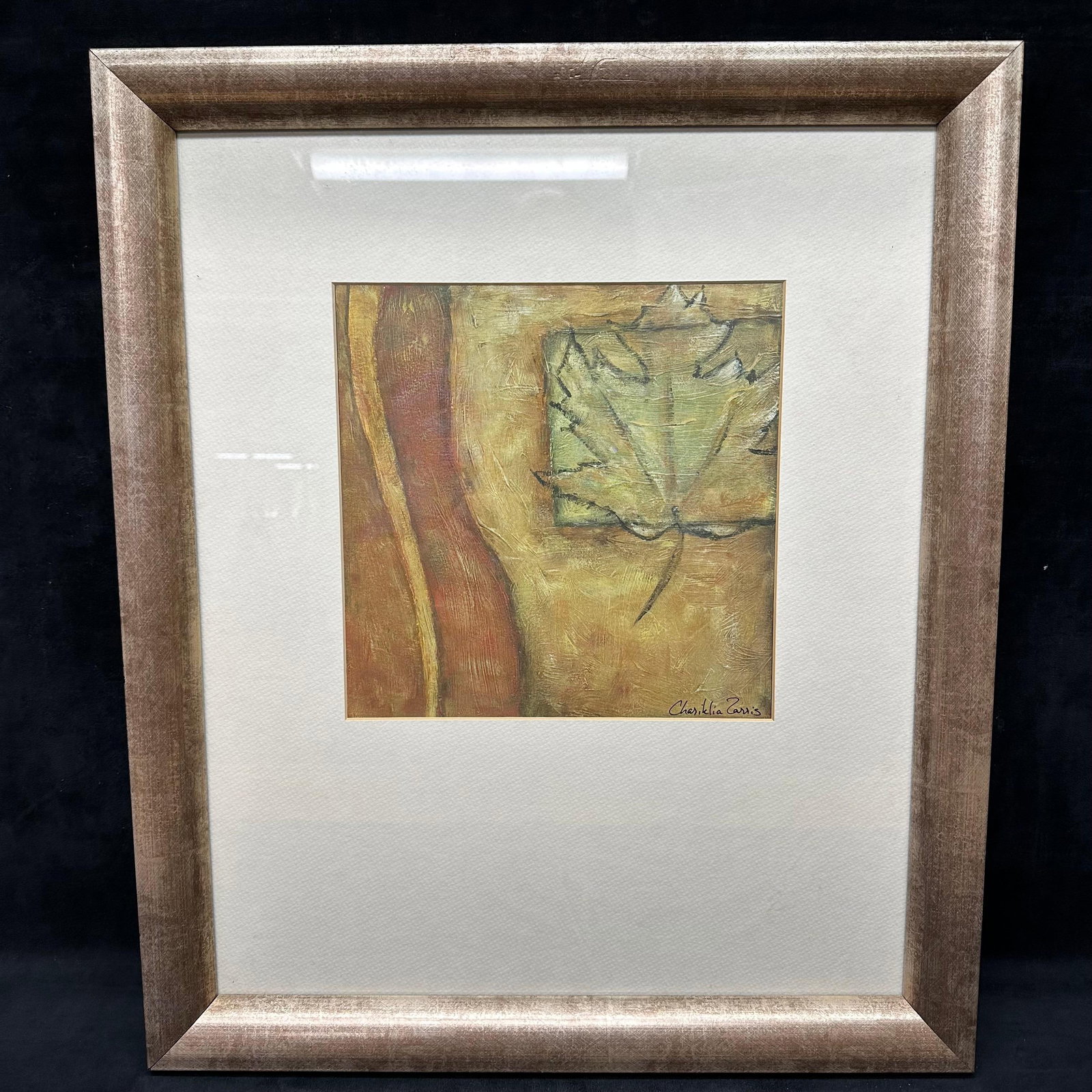Leaf Abstract Botanical Mixed Media Artwork Print Framed Chariklia Zarris Shenandoah II: Original abstract botanical mixed media artwork print by Chariklia Zarris, depicting stylized plant forms in an earthy palette of greens, ochres, reds, and browns. Print signed lower right. Verso bear