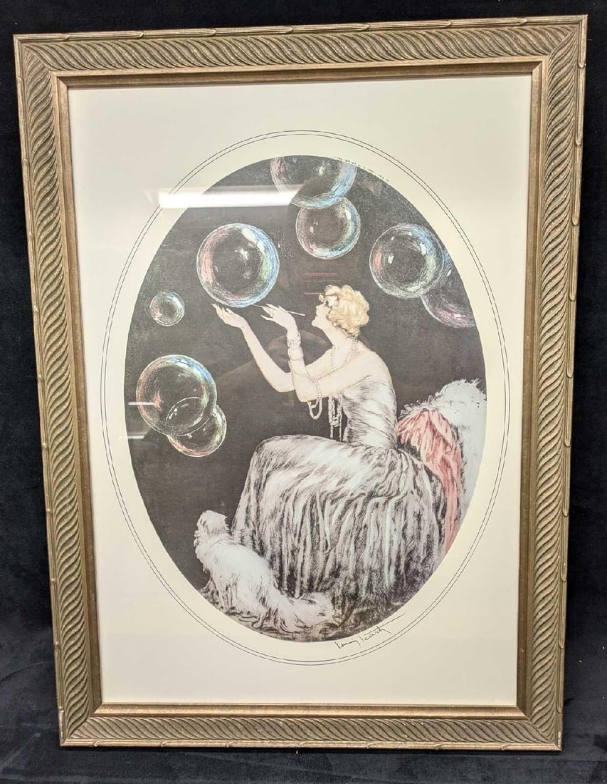 Framed Louis Icart Print Art Deco Woman Blowing Bubbles JB: Framed Louis Icart Print Art Deco Woman Blowing Bubbles JB. The framed print is approx 19 3/4" x 1 1/4" x 26 1/2" and it weighs 6.30lbs. Please note, the signature is part of the print and not an orig