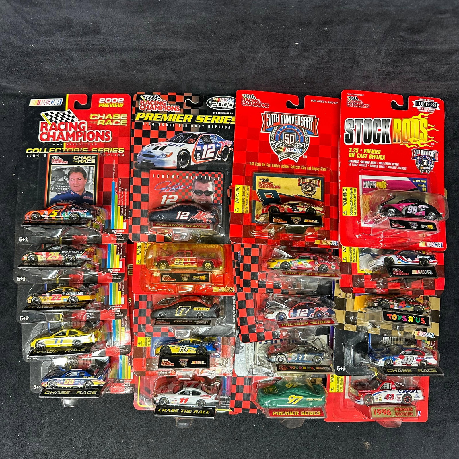 20 Car Lot Racing Champions NASCAR 1:64 Diecast Vehicles Cars Collectors Series: Large group of Racing Champions NASCAR diecast vehicles, including examples from the Collectors Series Chase the Race, Premier Series, 50th Anniversary NASCAR releases, and Stock Rods series. Visible 