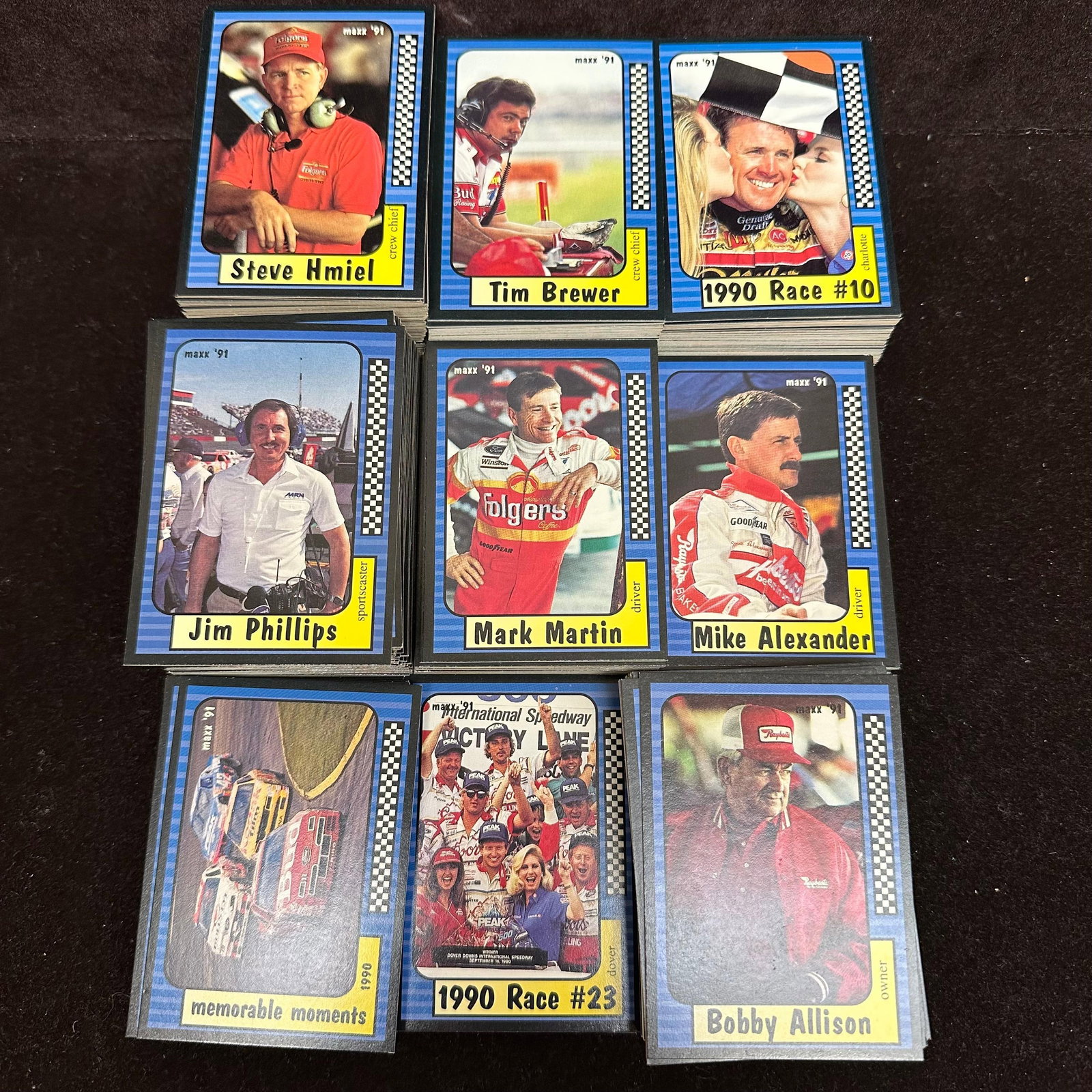 Maxx 91 NASCAR Racing Trading Cards Large Race Card Collection 700 Plus: Maxx 1991 NASCAR racing trading cards. Includes drivers, team members, owners, and sportscasters from the early 1990s NASCAR era. Cards are loose and not stored in sleeves or protective holders. The c
