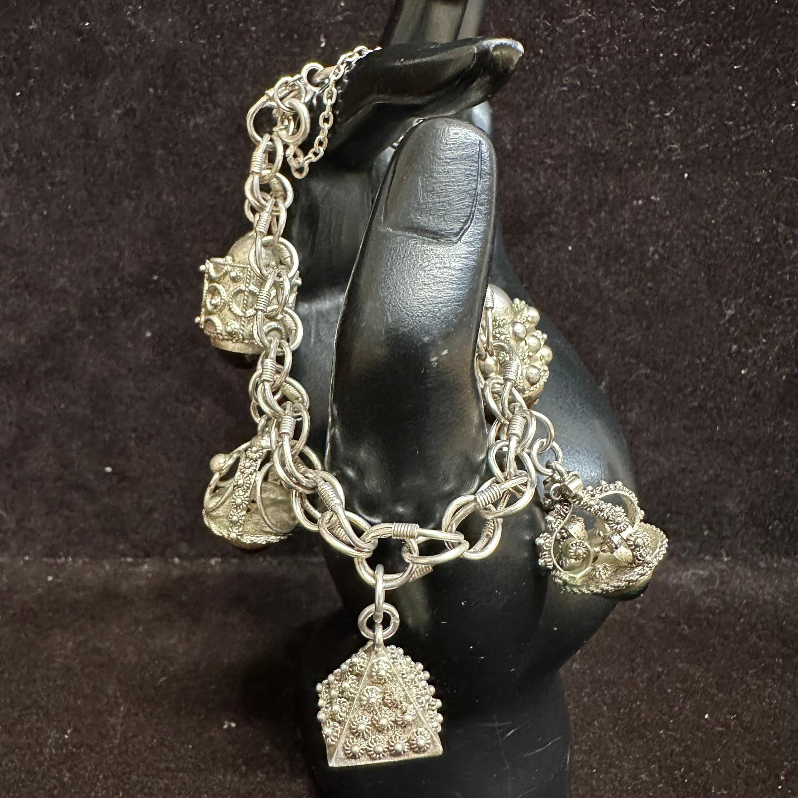Silver Bracelet After Etruscan Revival Charm Faux Glass Gemstones O74: This item is in good pre-owned, previously used/displayed condition with noticeable light wear and surface scratches. Please reference all photos for full details. This piece of jewelry has been teste