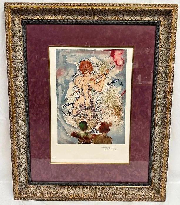 Sinbad Le Marin By Salvador Dali: Color lithograph by Salvador Dali titled "Sinbad le Marin" from the 1978 "A Thousand and One Nights" suite, depicting the mythical sailor in surrealist style with vivid colors and gilt