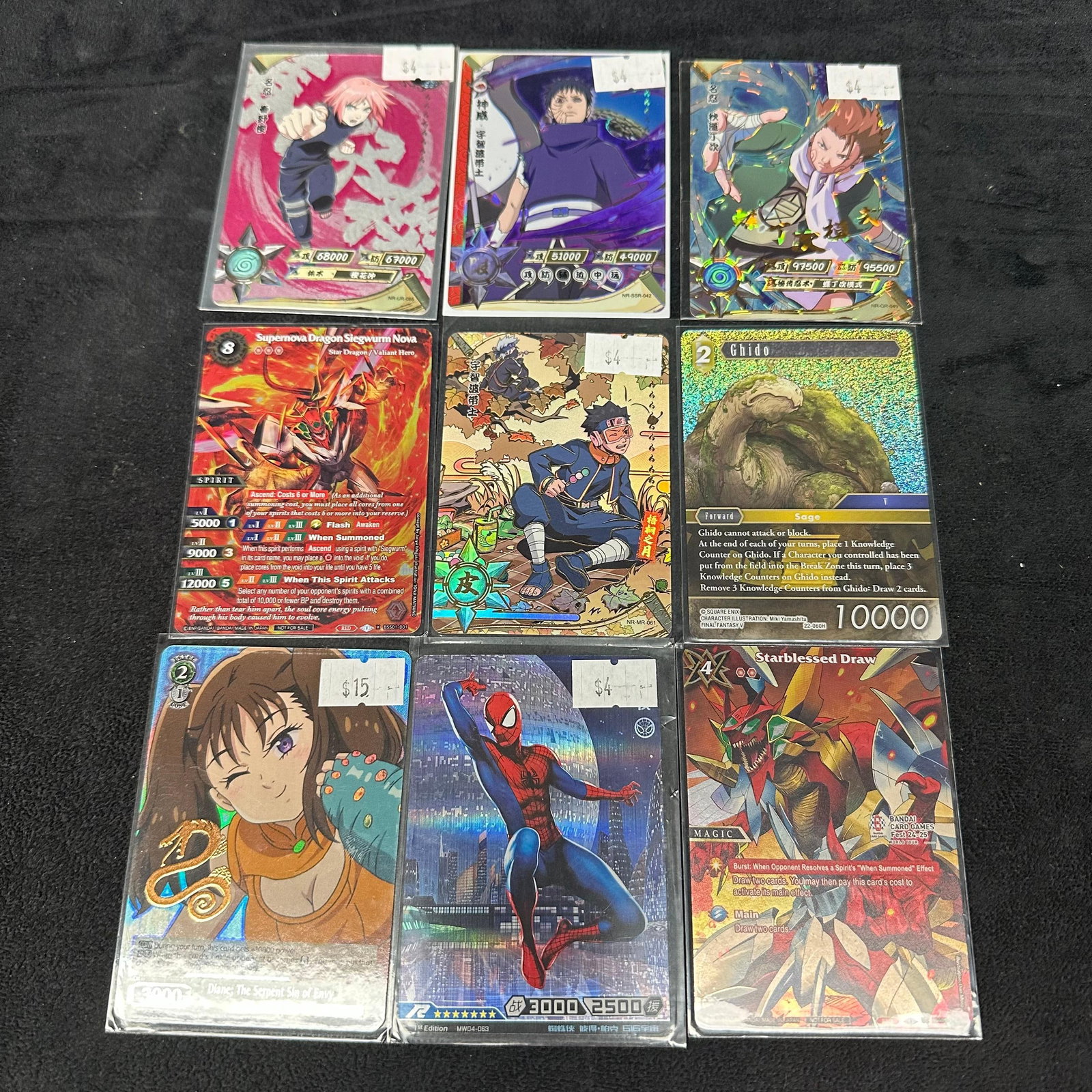 Mixed Anime and gaming Holo Trading Card Set of 9 Naruto Spider-Man Final Fantasy: An assorted lot of nine collectible trading cards from mixed anime and gaming franchises. Includes characters and artwork from Final Fantasy, Spider-Man, Battle Spirits Saga, and Weiss Schwarz. Cards 