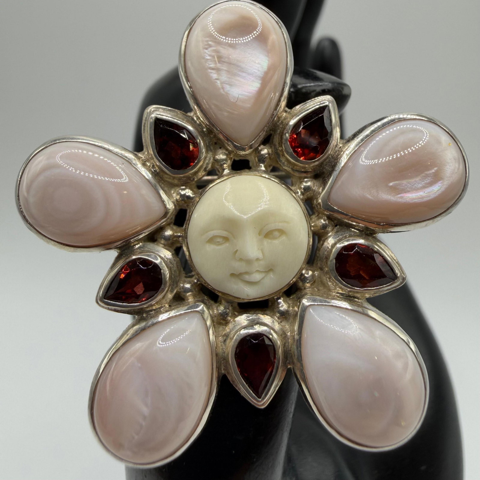 Sajen Carved Moon Face Goddess Mother of Pearl Garnet Sterling 925 Pendant Brooch HG48: This item is in pre-owned, previously used/displayed condition with noticeable light wear and surface scratches. Please reference all photos for full details. This piece of jewelry has been tested and