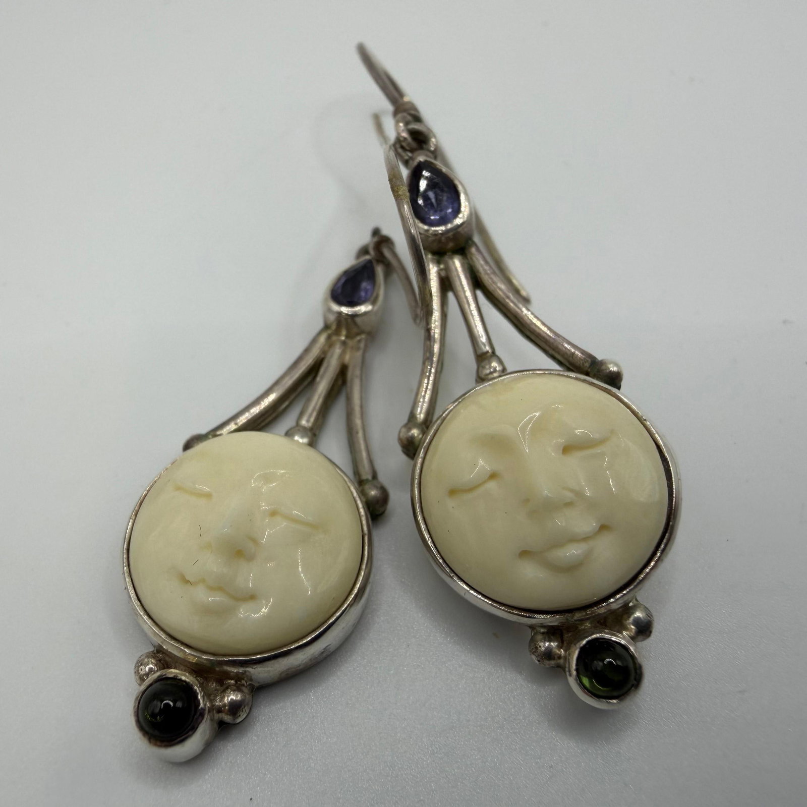 Carved Goddess Face Peridot Amethyst Accent Sterling Earrings Sajen (1 of 4)