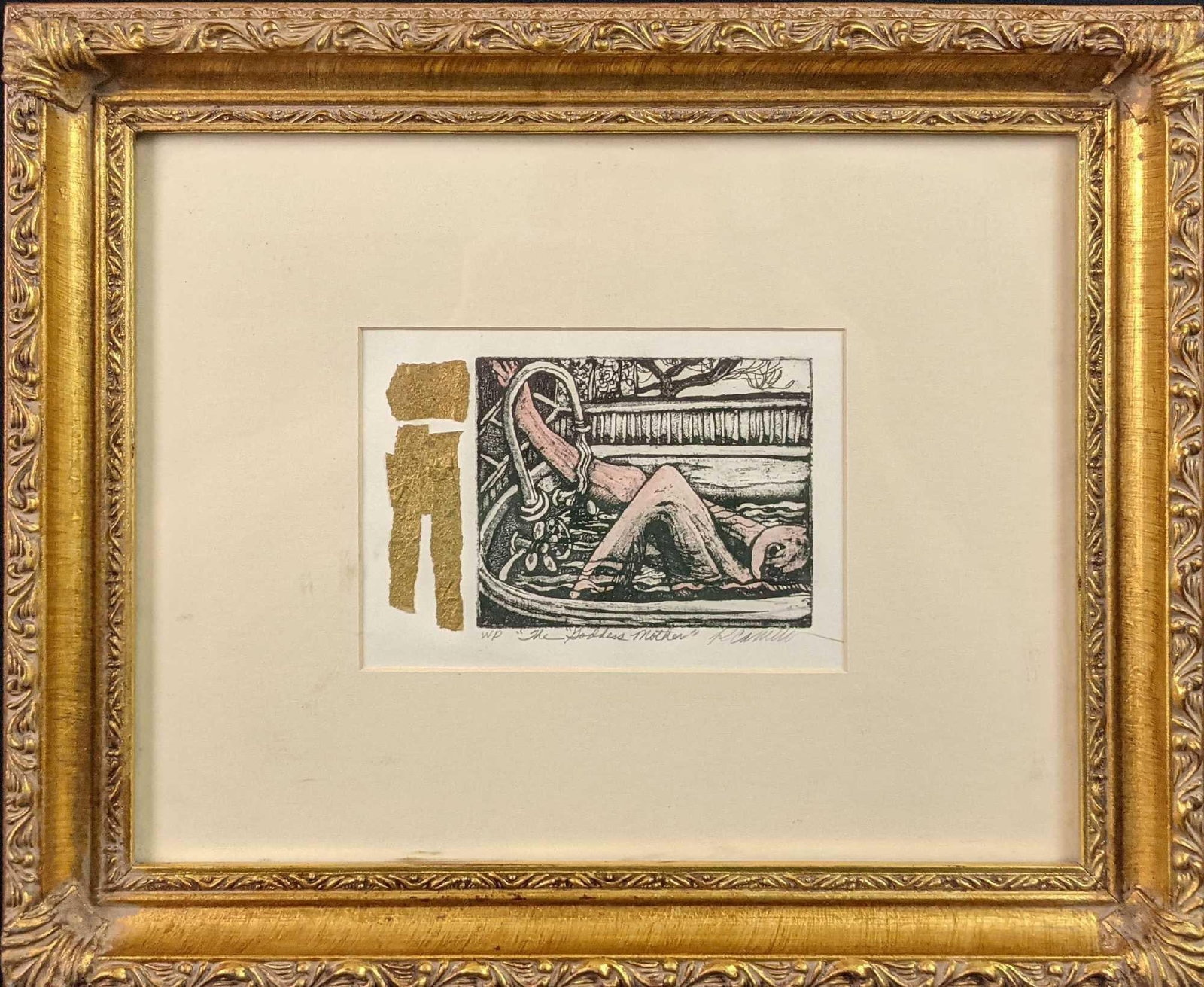 Kathleen Carrillo Mixed Media Goddess Mother: Here is a mixed media sketch (pen & colored pencil) of a woman in the tub. It is called "The Goddess Mother". It is signed on the bottom right by the artist. Appears to be some gold foil o