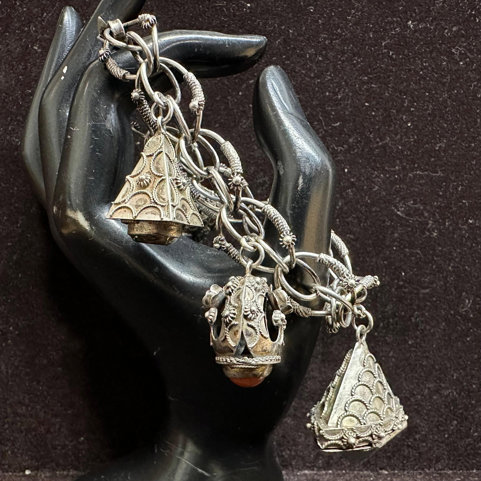 Italian Etruscan Revival Style 800 Silver Coral Agate Quartz Charm Bracelet Q98: This item is in good pre-owned, previously used/displayed condition with noticeable light wear and surface scratches. Please reference all photos for full details. This piece of jewelry has been teste