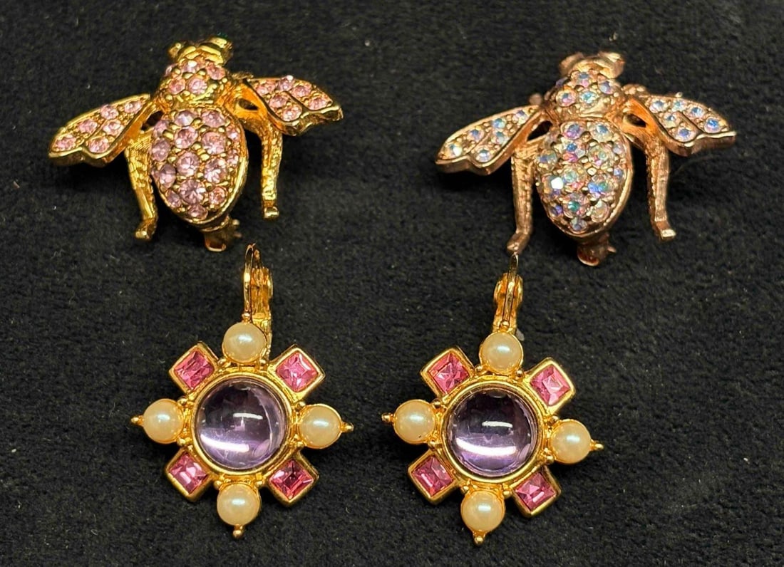 Joan Rivers Bee Brooches and Floral Drop Earrings Group 3pc: Joan Rivers costume jewelry group, including two bee brooches with pink and aurora borealis rhinestones and a pair of drop earrings featuring faux pearls, pink stones, and purple cabochons. Gold-tone