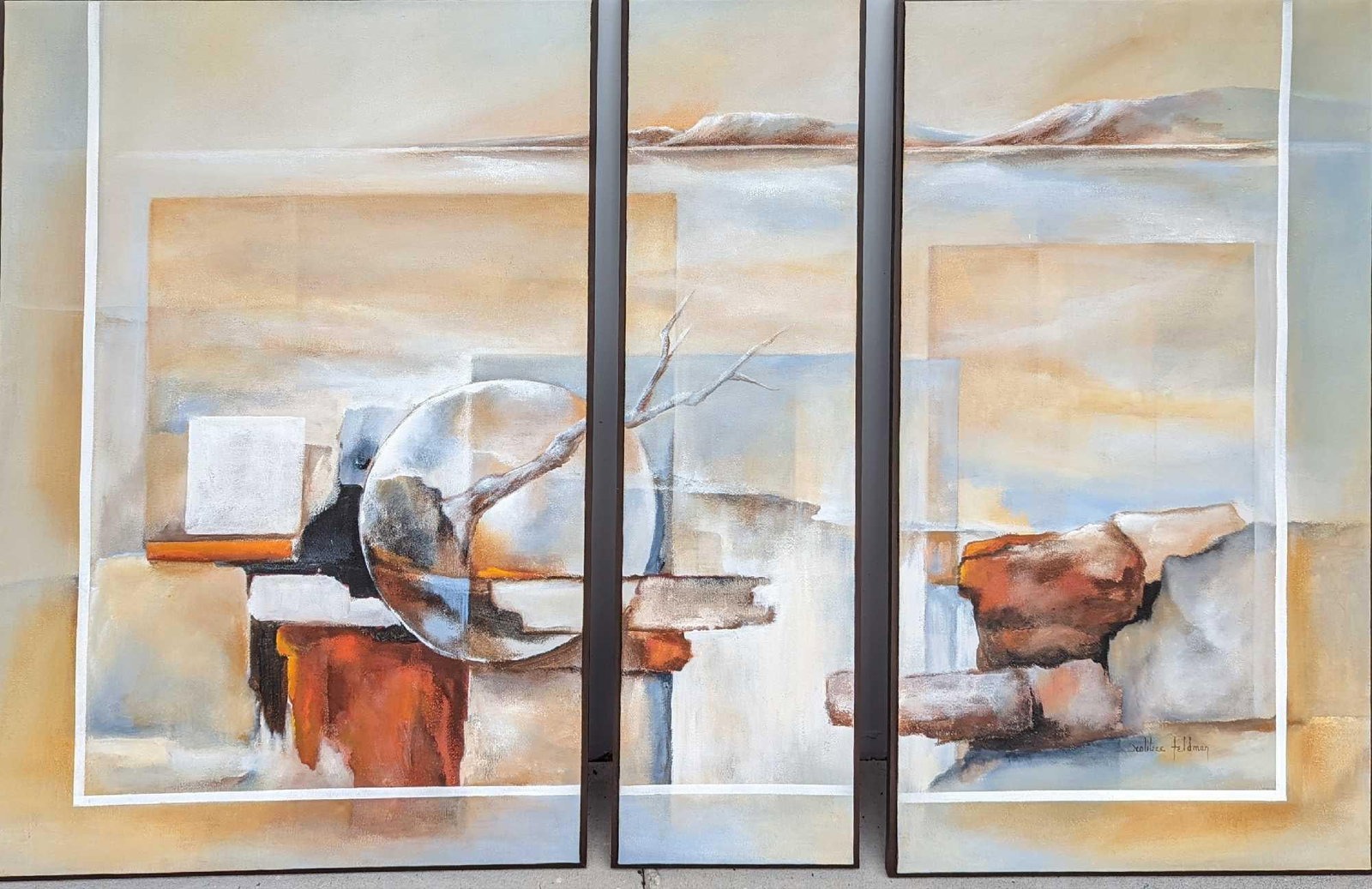 D81 Triptych Large Robbie Feldman Acyclic On Canvas: This is an original acyclic "Triptych" (three separate canvases that makeup one painting) by Florida artist Robbie Feldman. The largest canvas is approx 30 3/4" x 1" x 45". The medium canvas is