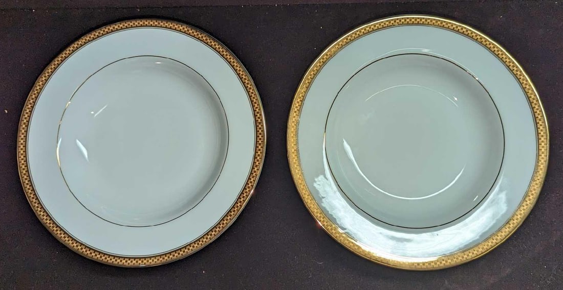 2 Retired Gorham Ridgewood Gold Large Rim Soup Bowl A: 2 Retired Gorham Ridgewood Gold Large Rim Soup Bowl A. Each is approximately 9 1/4" x 9 1/4" x 1 1/2" and the total weight is 2.04lbs. The bowl has no chips or cracks. Please see the images as they