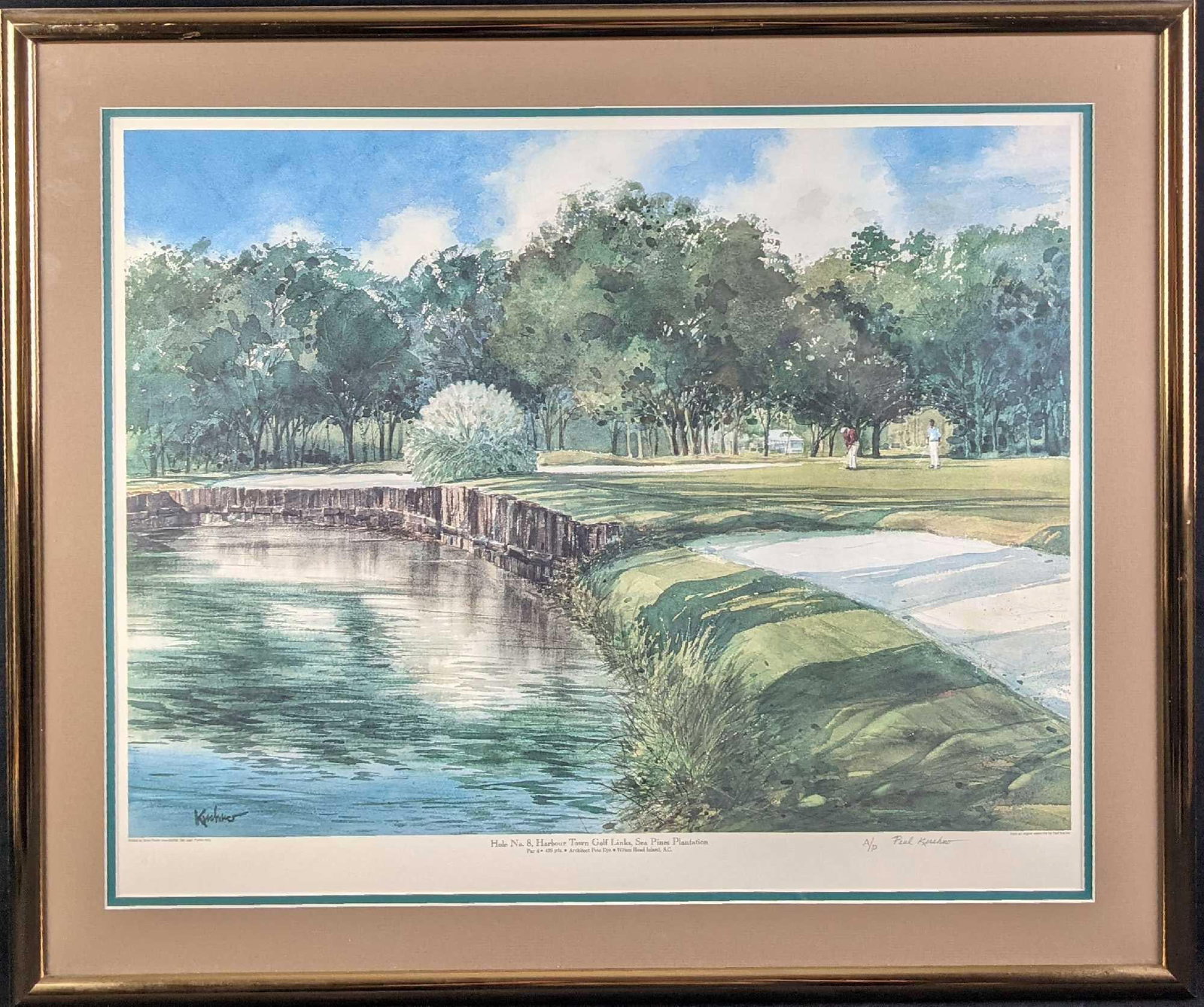 Signed AP Paul Kuchno Litho Harbor Town Golf Links: Signed Artist Proof Paul Kuchno Litho Harbor Town Golf Links. The framed print is approx 29" x 1" x 24 1/2" and weighs 9lbs. The print is approx 24" x 19". The framed print is in a good, used conditio