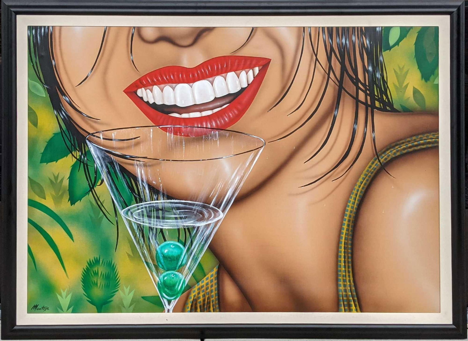 Fernando Montoya Large Framed Acrylic Martini Smile: Large original acyclic of a close up of a woman's face with a martini by Fernando Montoya, The framed original is approx 72" x 2" x 55" and it weighs 30lbs. The canvas