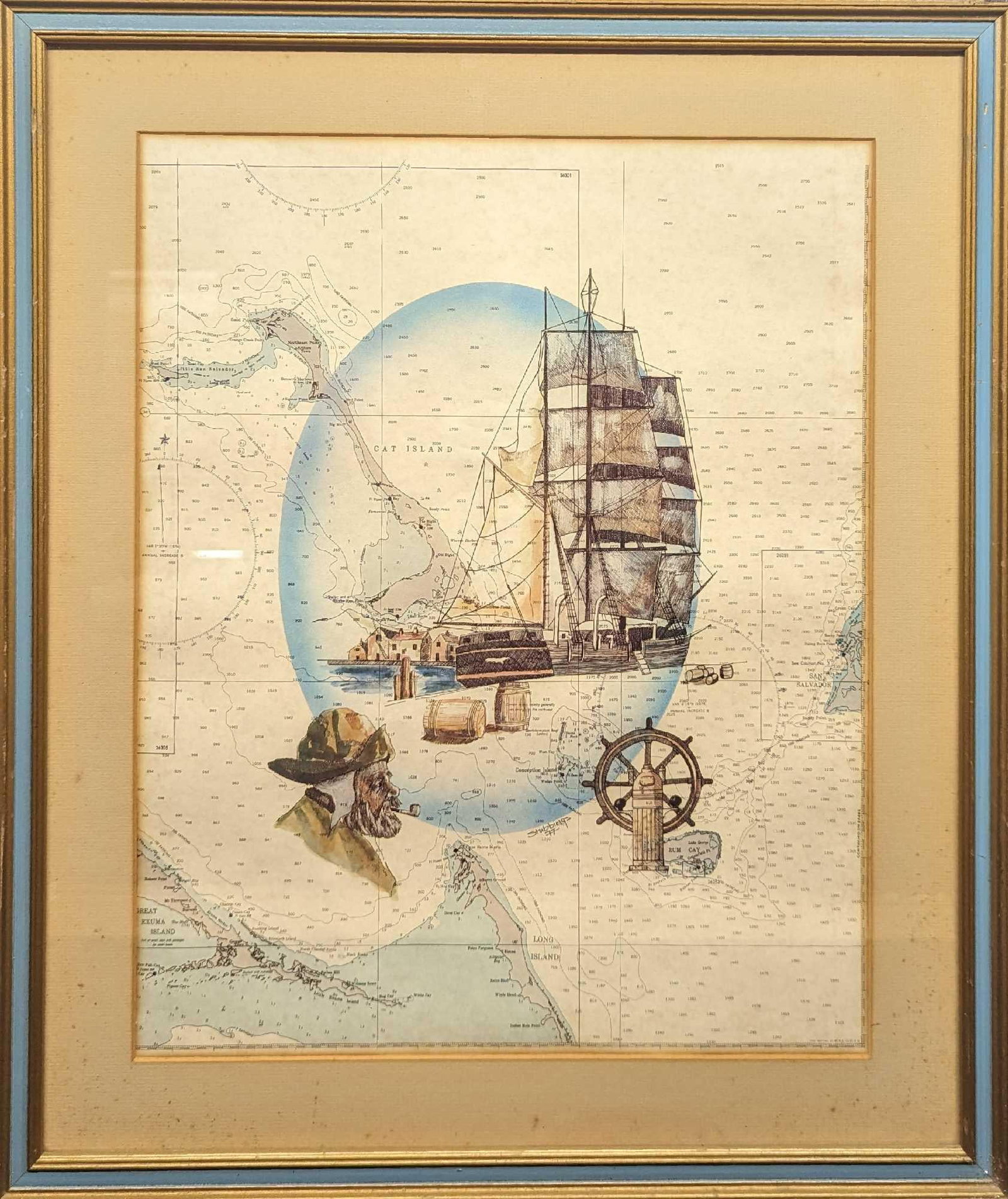 Vintage Framed Cat Island Nautical Map Print: Vintage Framed Cat Island Nautical Map Print. The signature "Stubbings" and year "77" can be seen near the bottom middle of the print. The framed print is approx 21 1/2" x 1" x 25" and it weighs 5.50 