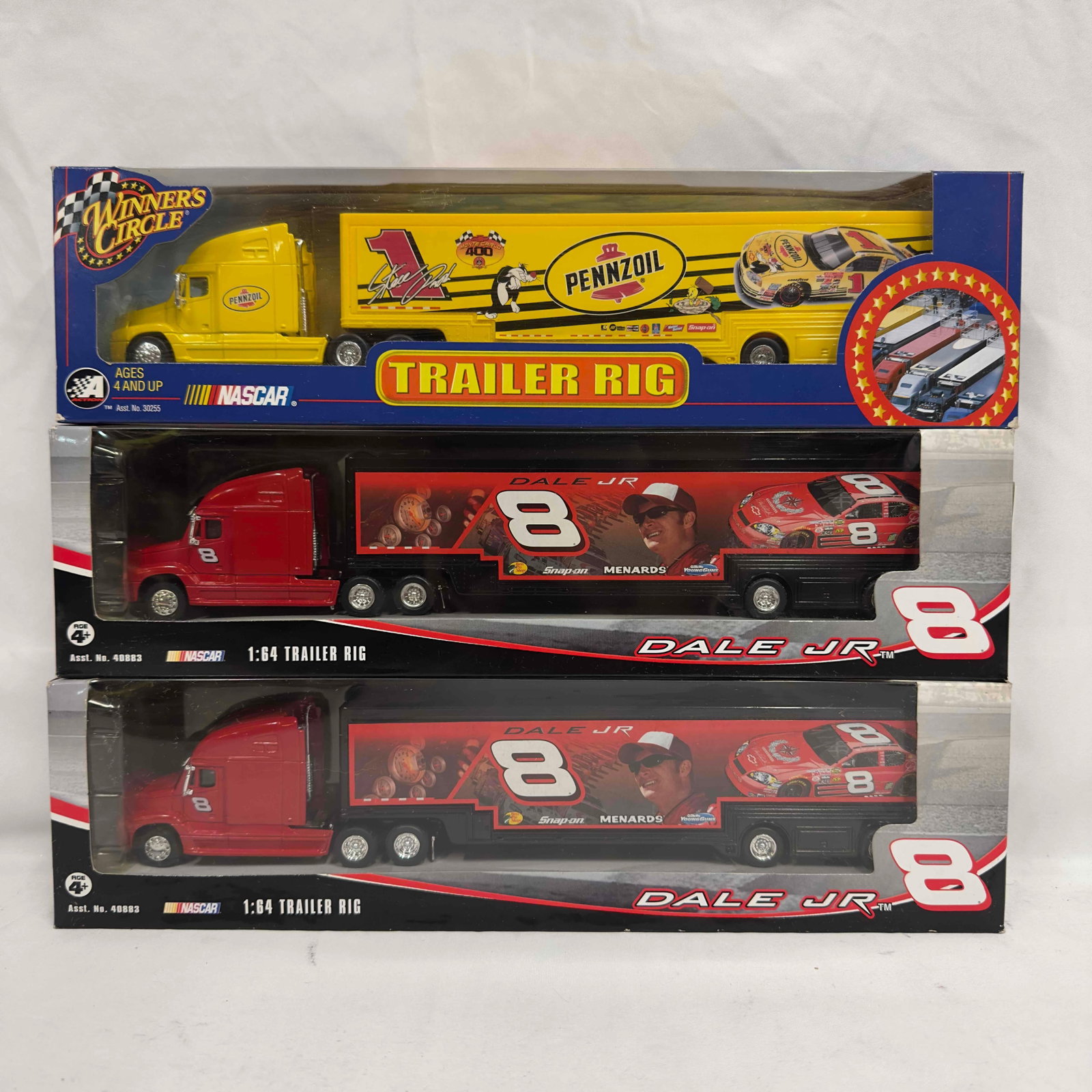 Winners Race Team Transporter Truck Trailer Trainer Rig Set Lot of Three Die Cast Trucks: Winners Race Team Transporter Truck Trailer Trainer Rig Set Lot of Three Die Cast Trucks. Each collectible is Sealed new featuring six Winner's Circle die cast Trainer Rig Racing Team Transport.