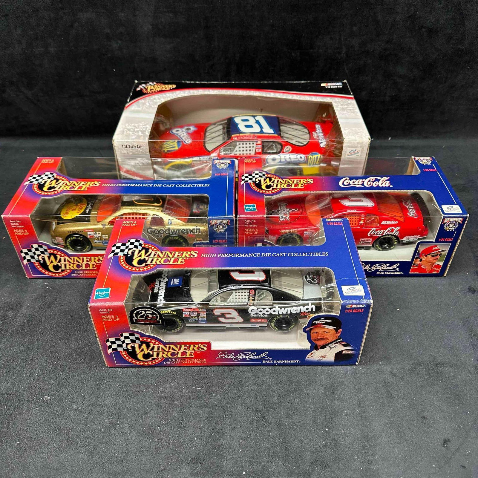 Dale Earnhardt and Dale Junior Winner's Circle Die-Cast Car Lot Four 1:24 and 1:18 Scale: Lot of four Dale Earnhardt and Dale Earnhardt Jr. NASCAR collectible cars from Winner's Circle. Includes six (3) 1:24 and (1) 1:18 scale die-cast cars. All cars are new in original packaging. Outs