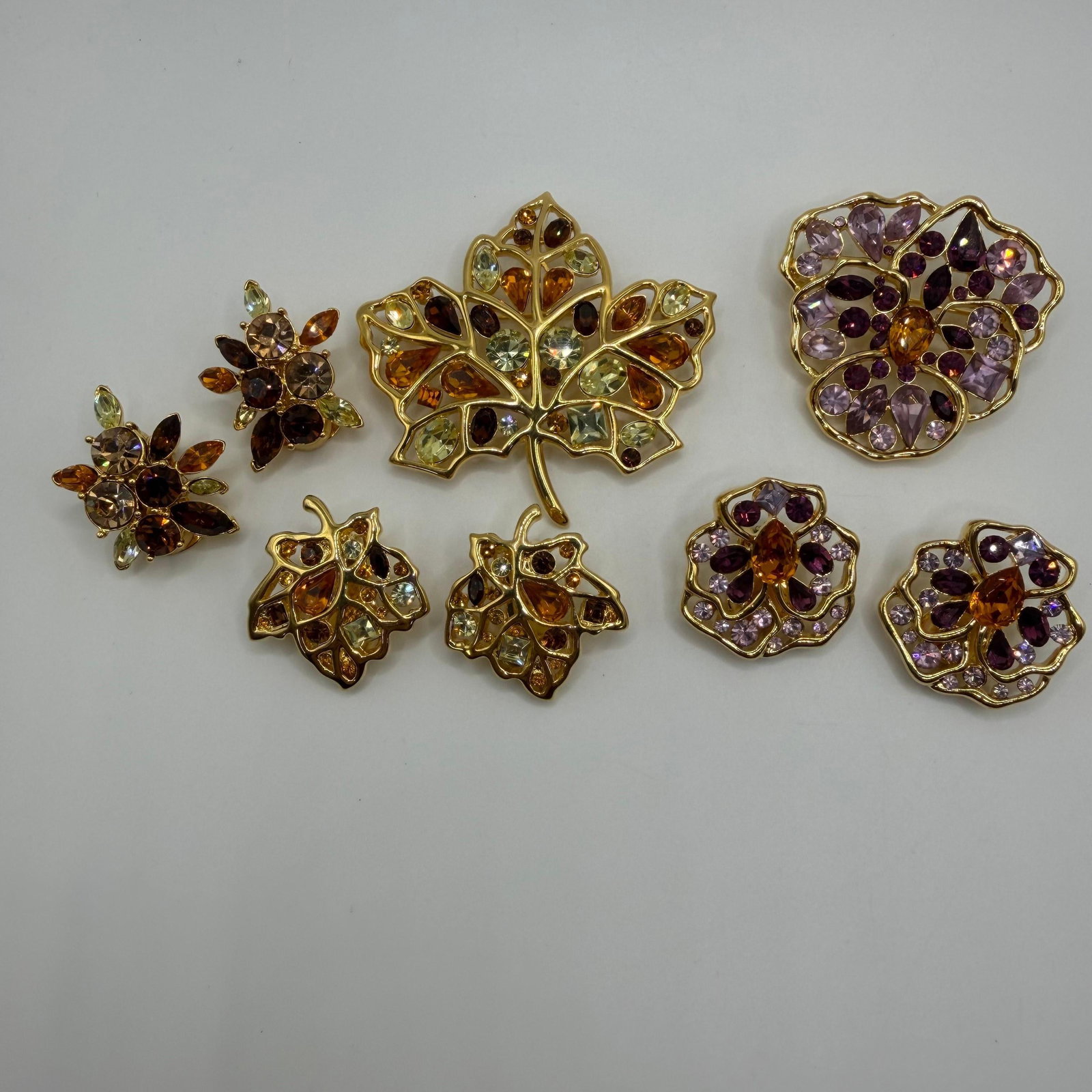 Nolan Miller Rhinestone Leaf Brooch and Matching Clip On Earring Sets (1 of 4)