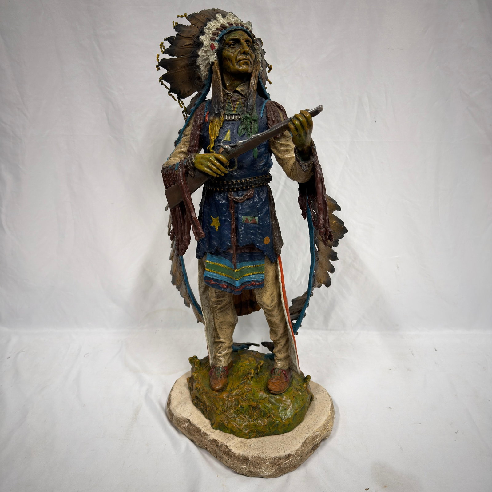 Large Polychrome Bronze Sculpture After Carl Kauba Native American Chief on Stone Base (1 of 13)