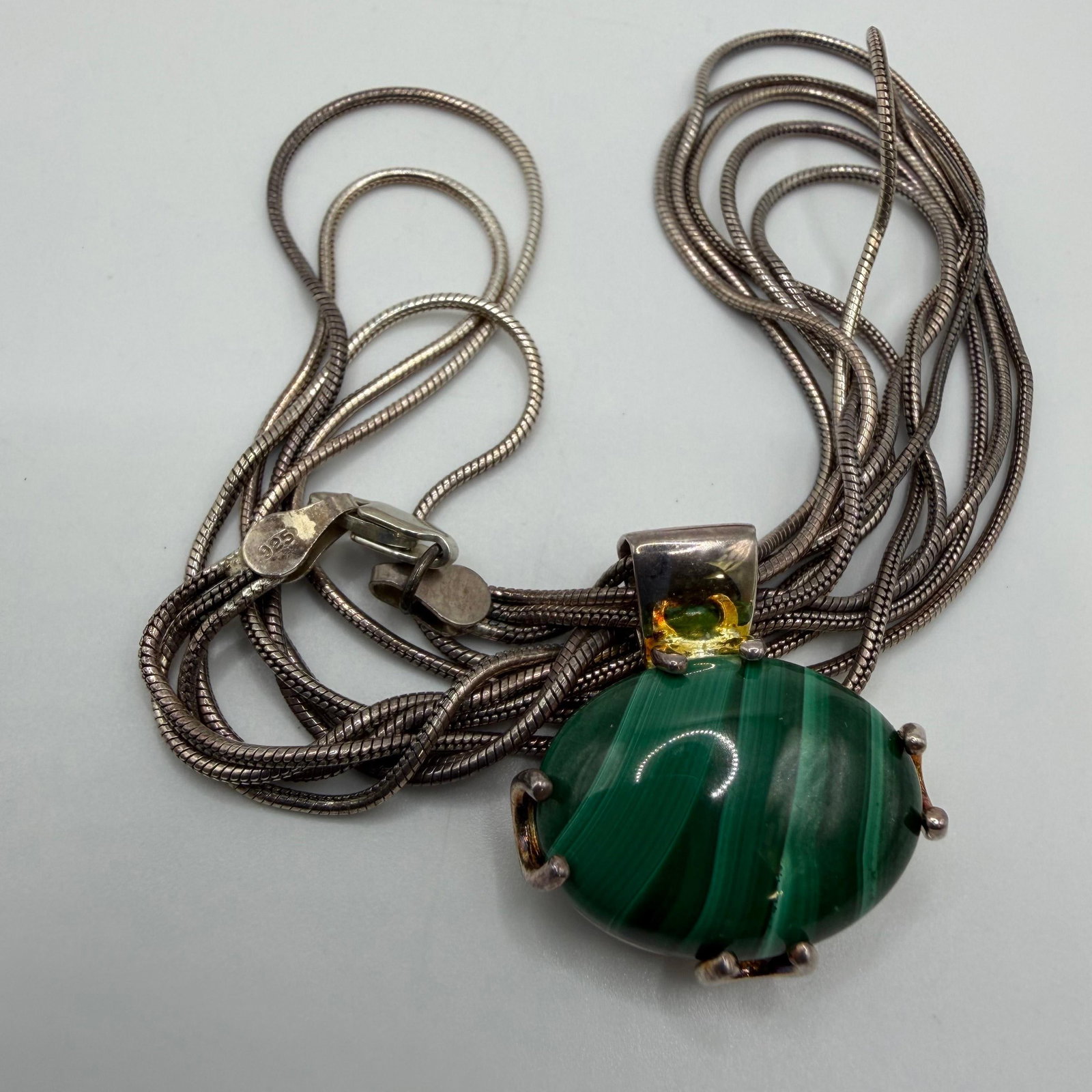 Green Malachite Oval Stone Pendant Sterling Silver Triple Strand Necklace AB18 (1 of 6)