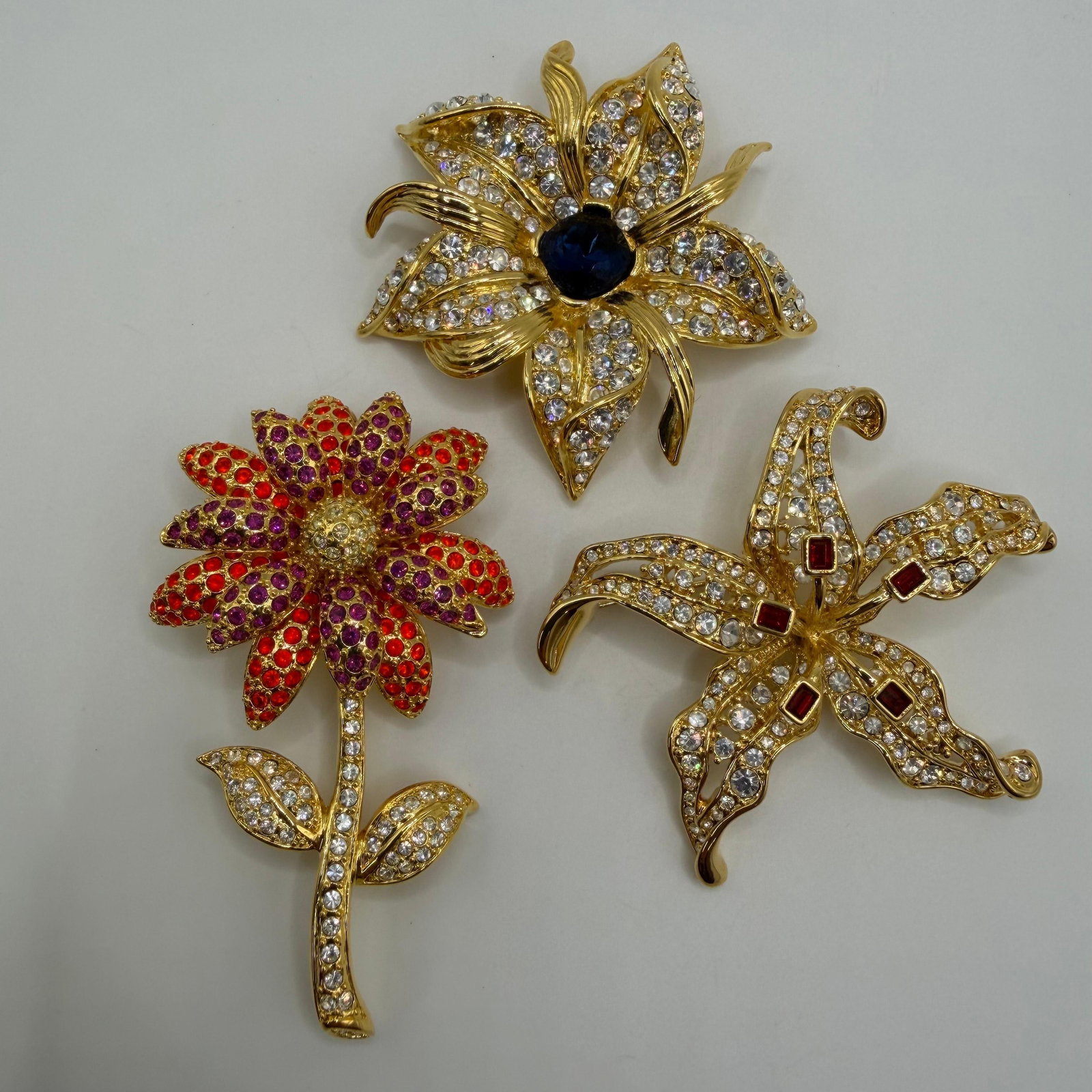 Group of Three Nolan Miller Floral Flower Rhinestone Designer Brooch Set AB21 (1 of 7)