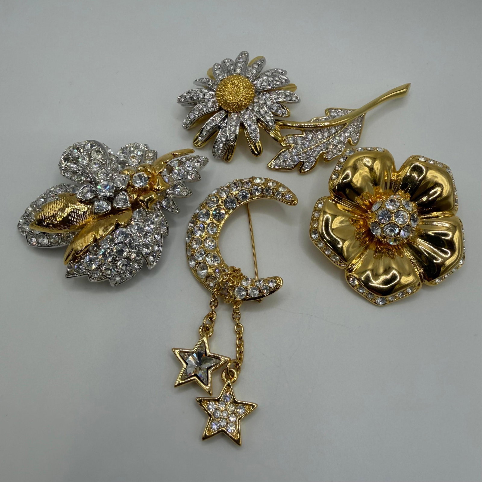 Gold Tone Nolan Miller Rhinestone Designer Brooches Flower Moon AB28 (1 of 7)