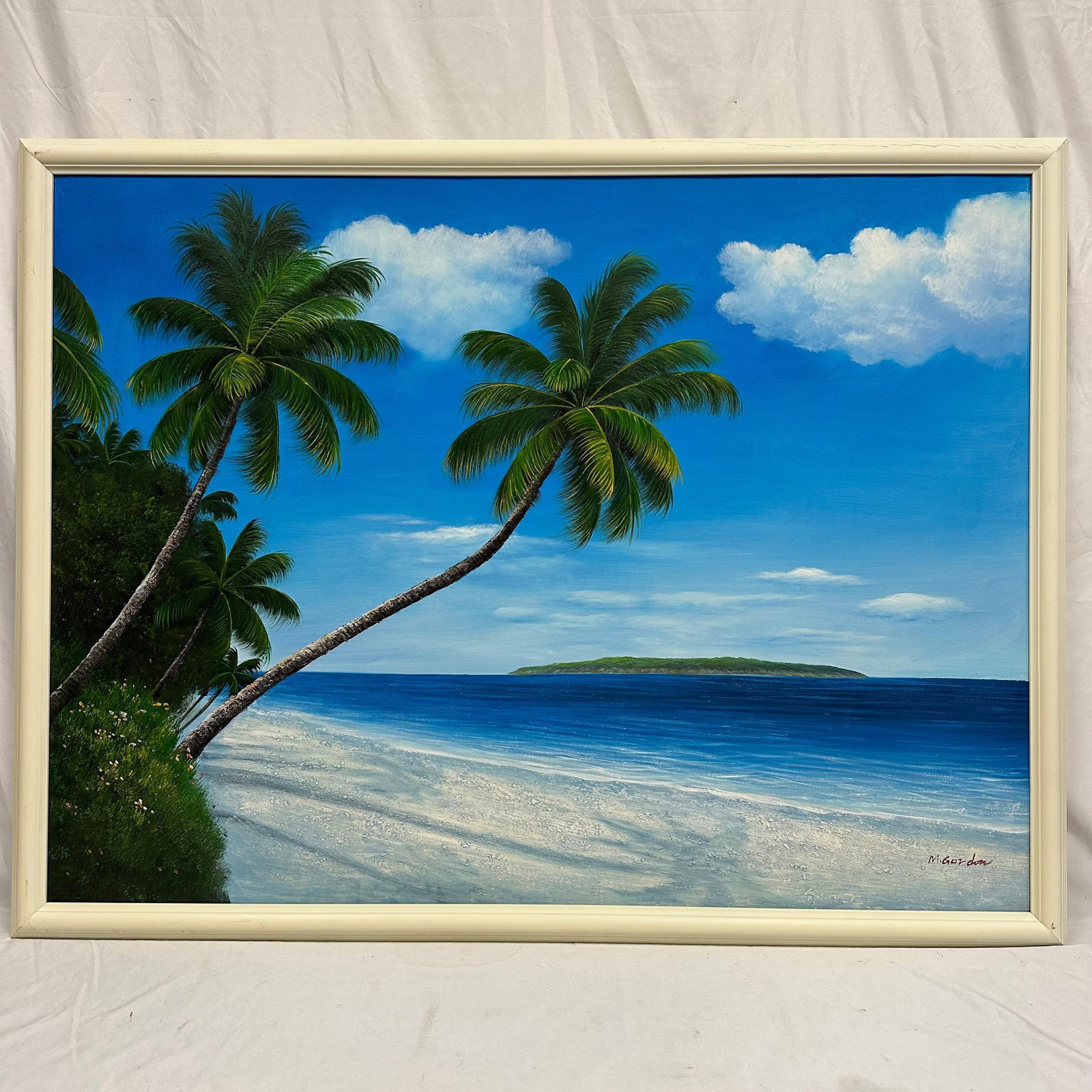 M. Gordon Signed Tropical Beach Paradise Landscape Style Oil Painting on Canvas Framed R214: Hand-painted oil on canvas depicting a tropical beach scene with leaning palm trees, white sand shoreline, deep blue ocean, and a distant island under a bright sky. Signed lower right M. Gordon. Unkno