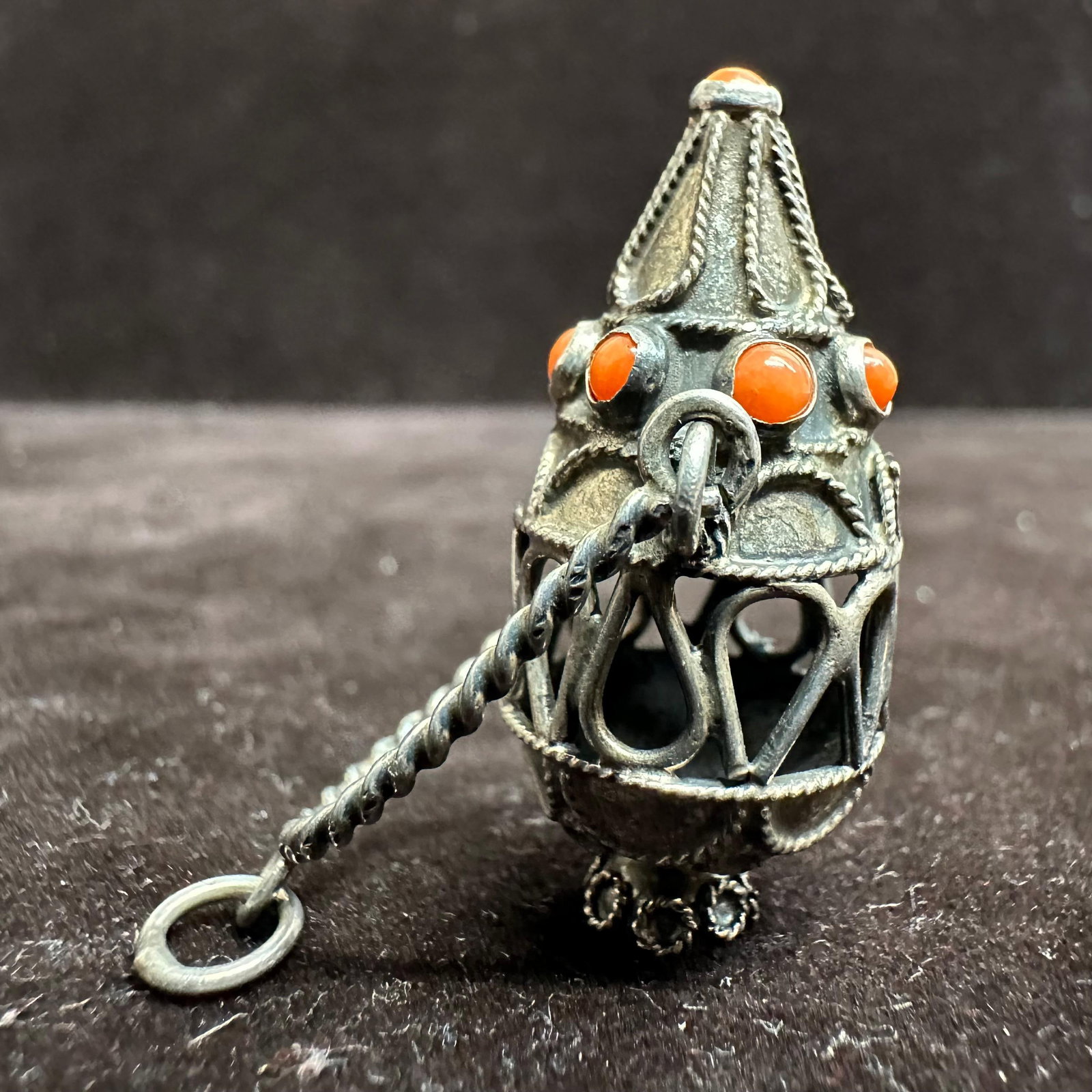 Etruscan Revival Style Sterling Silver Coral Accent Fob Charm V56: This item is in good pre-owned, previously used/displayed condition with noticeable light wear and surface scratches. Please reference all photos for full details. This piece of jewelry has been teste