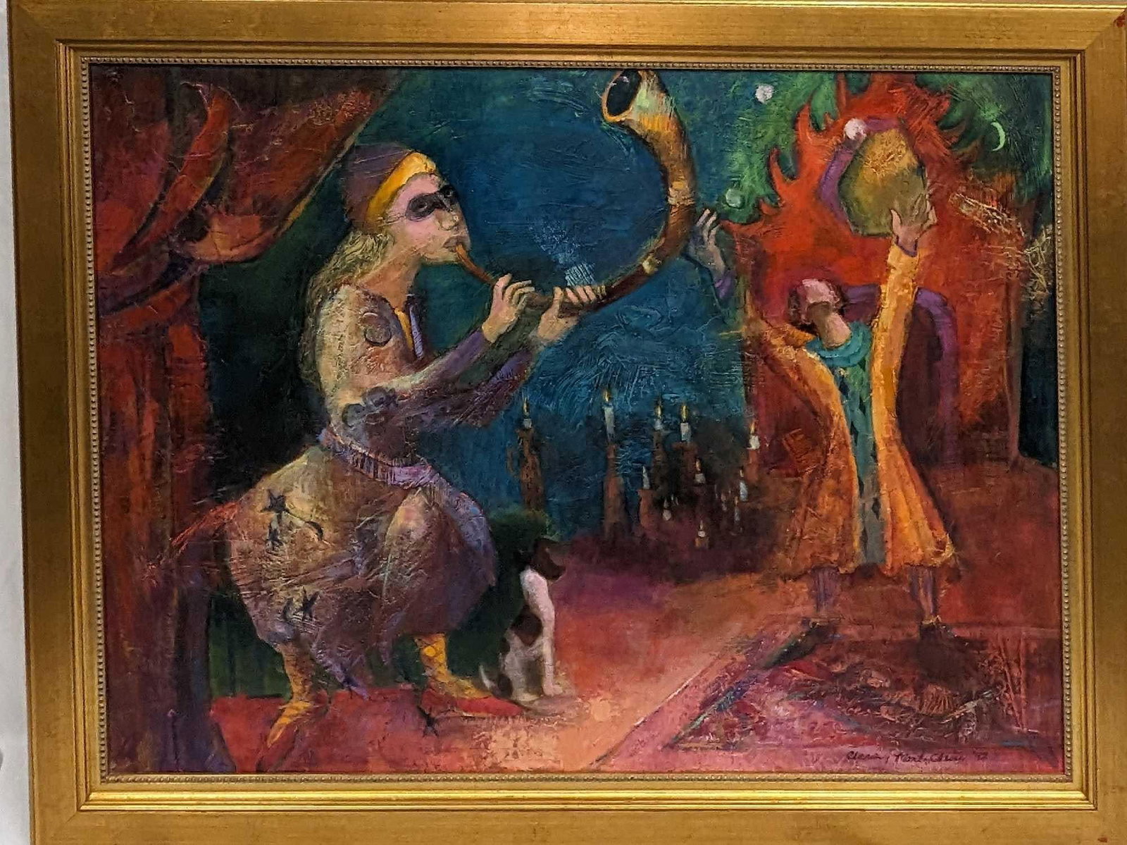 Framed Original Oil On Canvas Entertainer Bard R25: Framed Original Oil On Canvas Entertainer Bard R25. This framed original shows an entertainer blowing her horn alongside her pup while someone enjoys her music. The original was signed by the artist o