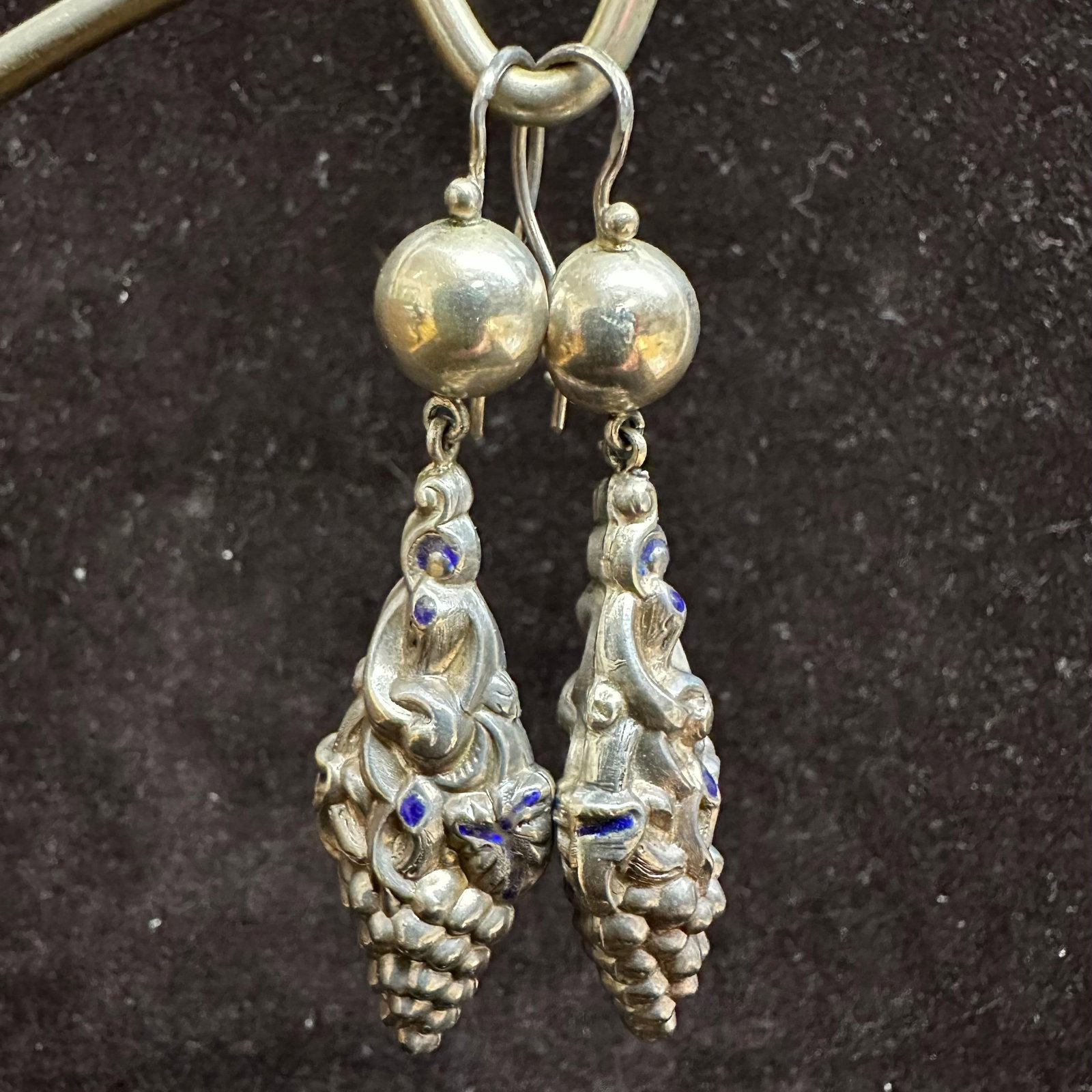 Figural Grape Cluster Drop Earrings with Blue Enamel Accents: This item is in good pre-owned, previously used/displayed condition with noticeable light wear and surface scratches. Please reference all photos for full details. This piece of jewelry has been teste