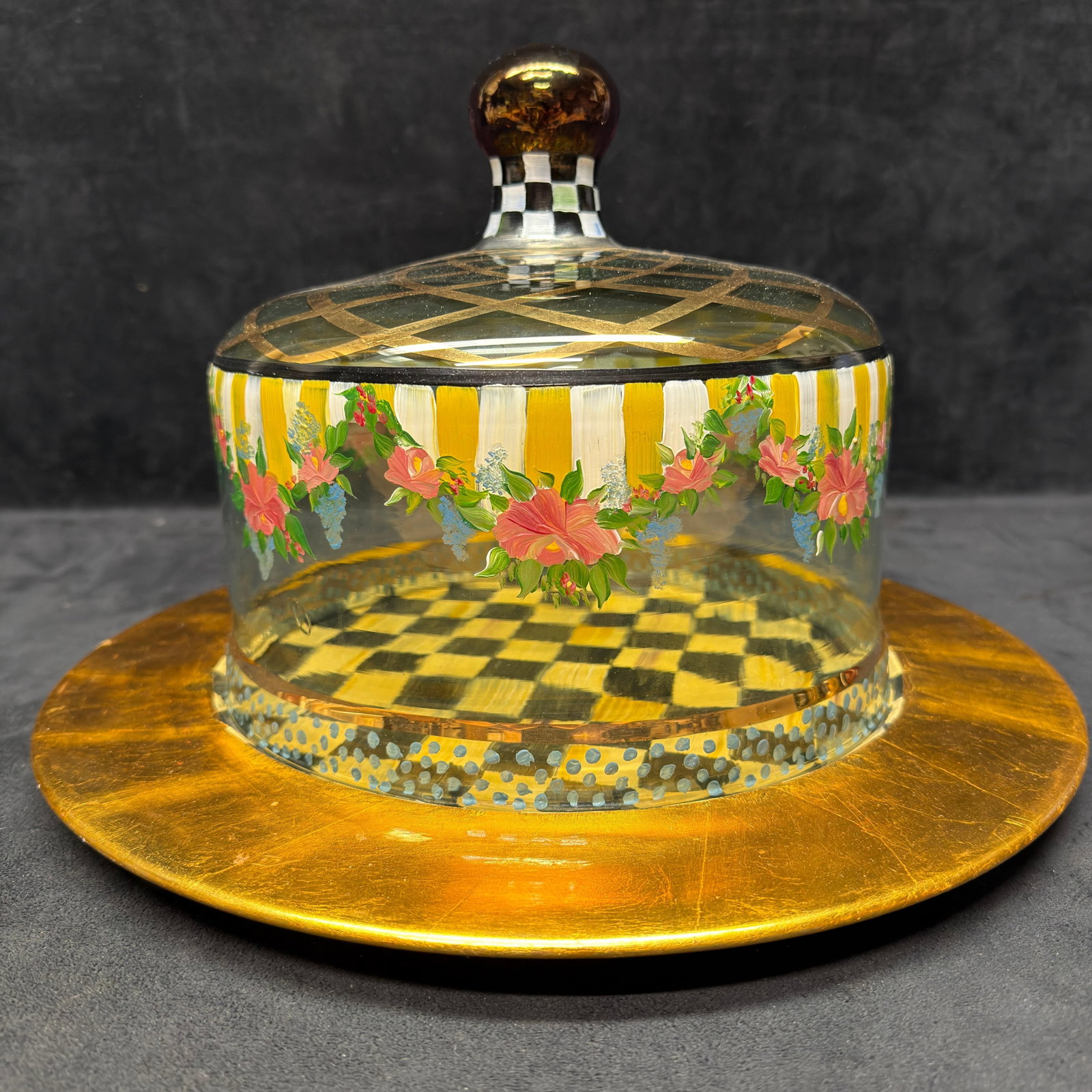 Mackenzie Childs Courtly Check Circus Glass Cake Dome and Wood Underplate Art Design (1 of 6)