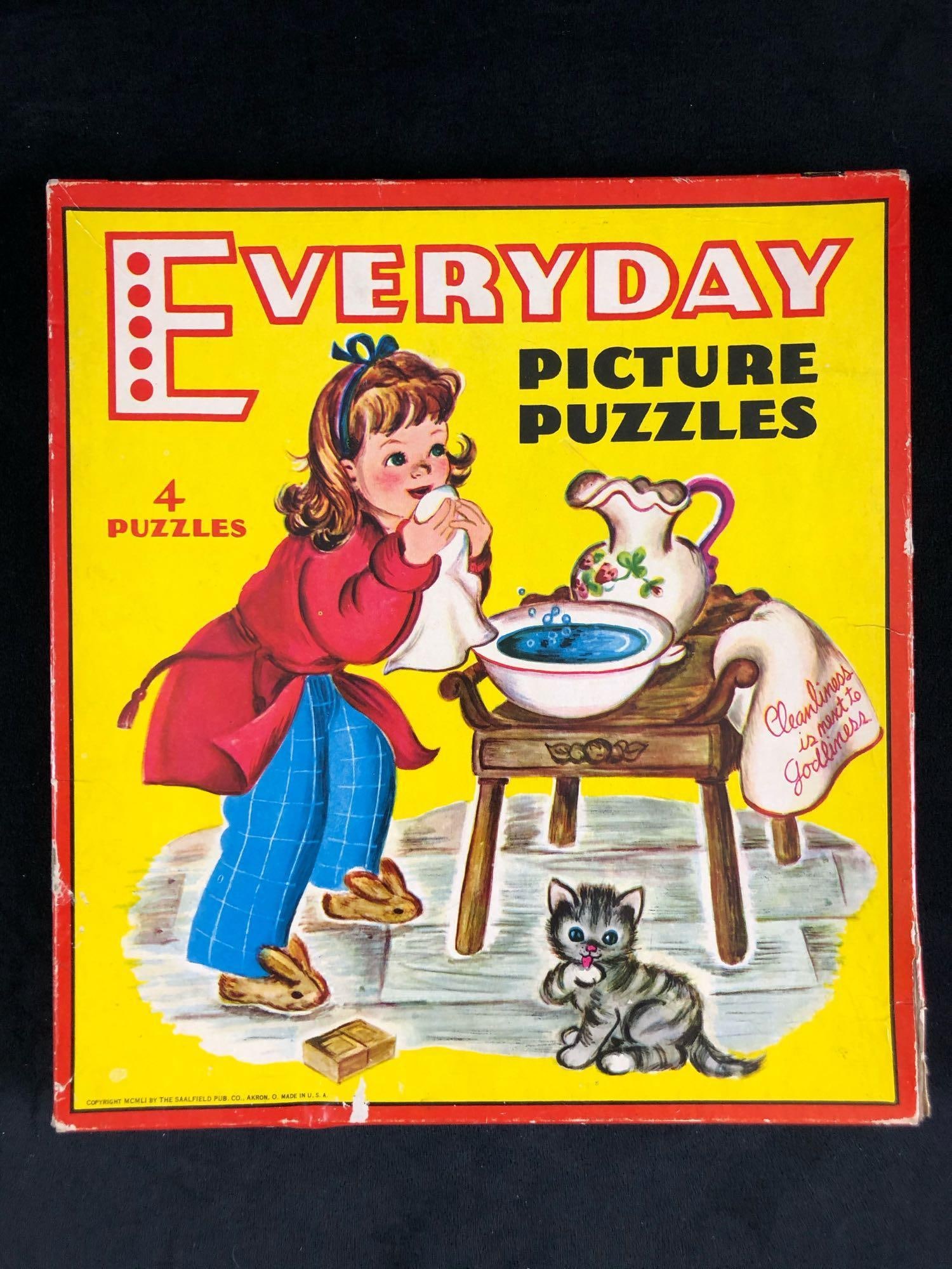 Vintage 4 Puzzles Everyday Picture MCMLI Saalfield Pub Co Akron Children Girls Boys: Vintage 4 Puzzles Everyday Picture MCMLI Saalfield Pub Co Akron Children Girls Boys This lot features 4 complete puzzles made of cardboard in the original box. Puzzle pieces and box 