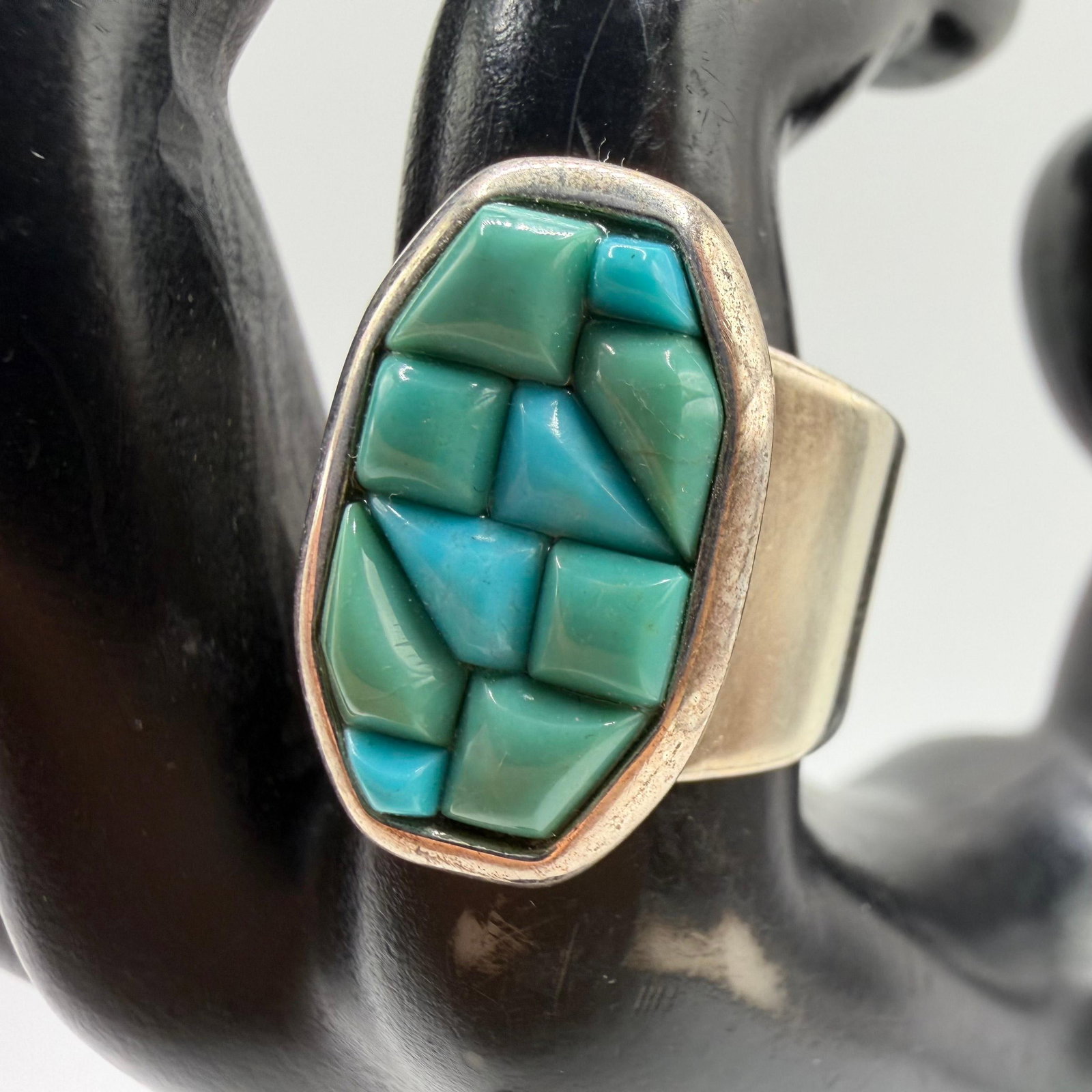 Jay King Desert Rose Trading Green Blue Turquoise Mosaic Puzzle Ring Silver 925: This item is in pre-owned, previously used/displayed condition with noticeable light wear and surface scratches. Please reference all photos for full details. This piece of jewelry has been tested and