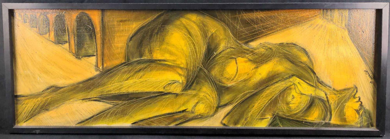 Oil On Canvas Nude Woman ​​​​​​​Moshe Katz X1: Here is an original framed oil on canvas by Israeli artist, Moshe Katz. Is approx 46" x 1 1/2" x 16". The original is in good, used condition with some wear and petite chips on the fr