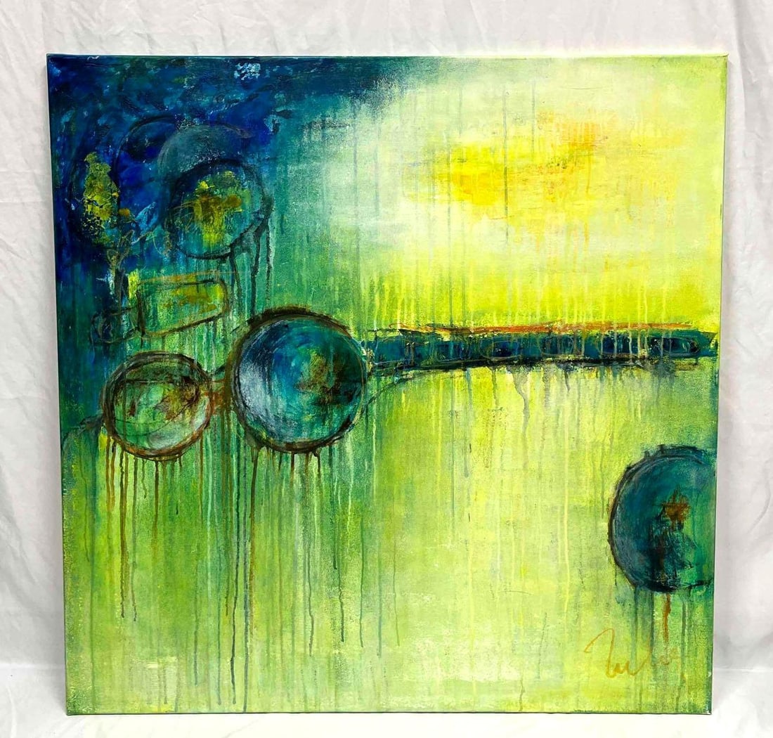 Large Stretched Canvas "Ball 3" By Julie: This lot contains a Large Stretched Canvas "Ball 3" By Julie. It is approx 38 3/4" x 38 2/4". Total weight is approx 3.5lbs. Overall the stretched Canvas is in good used condition with some minor